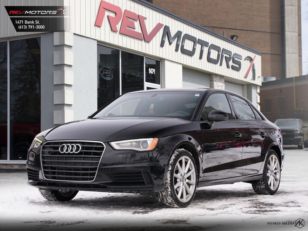 2015 Audi A3 Premium Plus | AWD | Sunroof | Leather | Keyless Entry<br/>  <br/> Black Exterior | Black Leather Interior | Alloy Wheels | All Wheel Drive | Electronic Stability Control | Dynamic Suspension | Keyless Entry | LED Rear Combination Lamps | Bluetooth | Cruise Control | Rear Fog Lamps | Blind Spot Assist | Drivers Power Seat | Voice Control | Traction Control | Panoramic Sunroof | Speed Warning | Rain Sensor and much more. <br/> <br/>  <br/> Discover Luxury and Performance with the 2015 Audi A3 Premium Plus <br/> <br/>  <br/> Introducing the 2015 Audi A3 Premium Plus  where elegance meets cutting-edge technology. This premium sedan is designed to elevate your driving experience, offering a seamless blend of style, performance, and advanced features. Engineered with precision and equipped with a range of luxurious amenities, the 2015 Audi A3 Premium Plus ensures that every journey is memorable. Whether youre navigating city streets or embarking on a weekend getaway, this vehicle is ready to exceed your expectations. <br/> <br/>  <br/> Key Features: <br/> <br/>  <br/> Heated Leather Seats: Experience ultimate comfort with heated leather seats, providing warmth and luxury during the colder months. <br/> <br/>  <br/> MMI Infotainment System: Stay connected and entertained with Audis advanced MMI system, featuring navigation, voice control, and seamless smartphone integration. <br/> <br/>  <br/> Quattro All-Wheel Drive: Conquer various driving conditions with confidence using Audis legendary Quattro all-wheel-drive system, which provides enhanced traction and stability. <br/> <br/>  <br/> Premium Interior: Enjoy a refined and spacious interior with high-quality materials, thoughtful design, and ample seating for a sophisticated driving experience. <br/> <br/>  <br/> Advanced Safety Features: Drive with peace of mind, knowing that the A3 comes with a suite of advanced safety features, including adaptive cruise control, blind-spot monitoring, and a robust airbag system. <br/> <br/>  <br/> Powerful Engine: The 2015 Audi A3 Premium Plus is equipped with a turbocharged 2.0L TFSI engine delivering 220 horsepower, ensuring a thrilling and responsive drive. <br/> <br/>  <br/> This vehicle has travelled 148,000 kms. <br/> <br/>  <br/> *** NO additional fees except for taxes and licensing! *** <br/> <br/>  <br/> *** 100-point inspection on all our vehicles & always detailed inside and out *** <br/> <br/>  <br/> RevMotors is at your service to ensure you find the right car for YOU. Even if we do not have it in our inventory, we are more than happy to find you the vehicle that you are looking for. Give us a call at 613-791-3000 or visit us online at www.revmotors.ca <br/> <br/>  <br/> a nous donnera du plaisir de vous servir en Franais aussi! <br/> <br/>  <br/> CERTIFICATION * All our vehicles are sold Certified for the province of Ontario (Quebec Safety Available, additional charges may apply) <br/> FINANCING AVAILABLE * RevMotors offers competitive finance rates through many of the major banks. Should you feel like youve had credit issues in the past, we have various financing solutions to get you on the road.  We accept No Credit - New Credit - Bad Credit - Bankruptcy - Students and more!! <br/> EXTENDED WARRANTY * For your peace of mind, if one of our used vehicles is no longer covered under the manufacturers warranty, RevMotors will provide you with a 6 month / 6000KMS Limited Powertrain Warranty. You always have the options to upgrade to more comprehensive coverage as well. Well be more than happy to review the options and chose the coverage thats right for you! <br/> TRADES * Do you have a Trade-in? We offer competitive trade in offers for your current vehicle! <br/> SHIPPING * We can ship anywhere across Canada. Give us a call for a quote and we will be happy to help! <br/> <br/>  <br/> Buy with confidence knowing that we always have your best interests in mind! <br/>