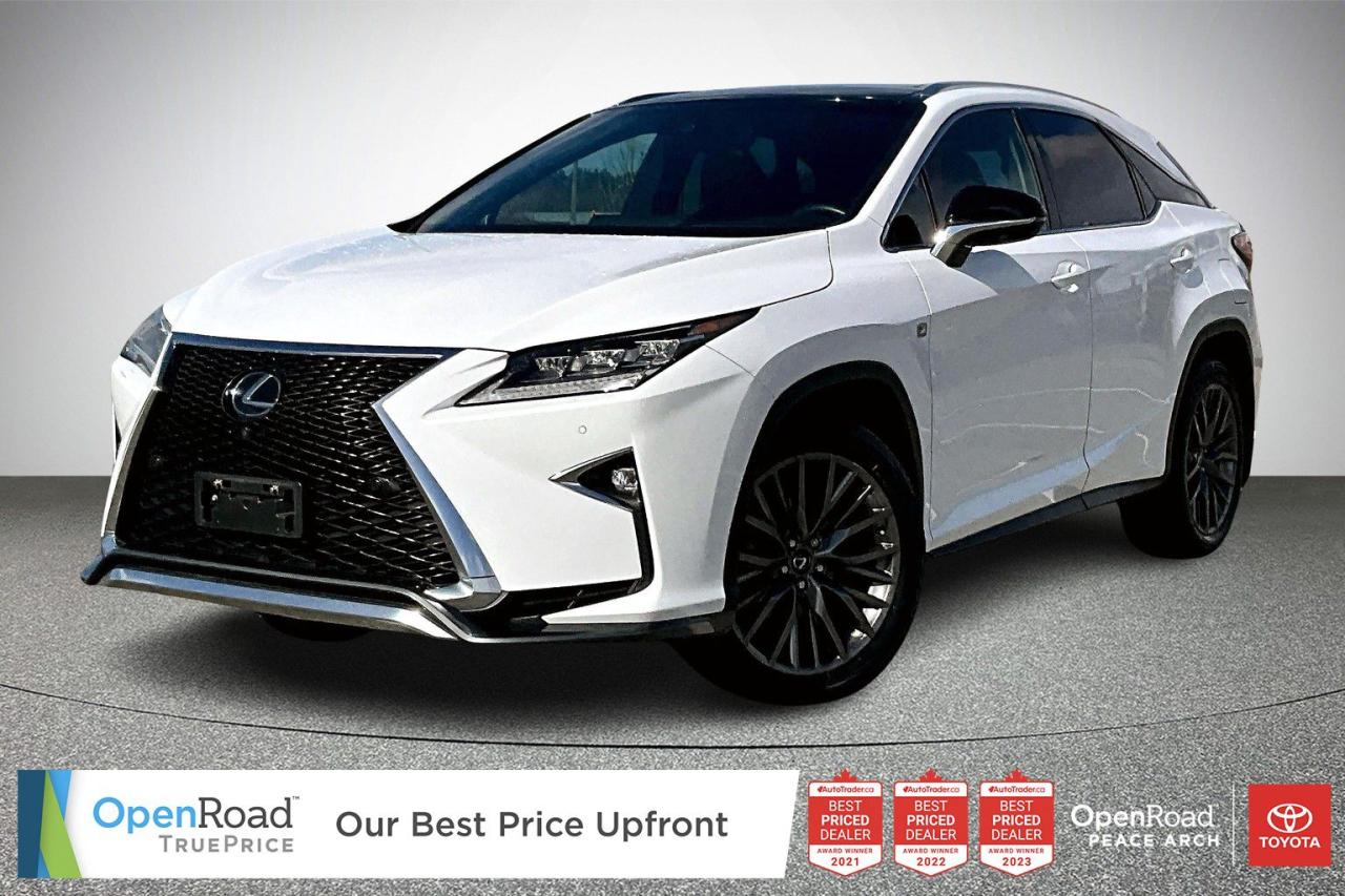 The 2017 Lexus RX 350 F Sport is a luxury midsize SUV powered by a 3.5-liter V6 engine producing 295 horsepower, paired with an eight-speed automatic transmission. It features an aggressive F Sport exterior design, including a unique grille and 20-inch alloy wheels. The interior offers leather-trimmed sport seats, aluminum accents, and a driver-centric cockpit. Key features include adaptive suspension, all-wheel drive (optional), a 12.3-inch infotainment display, navigation, a premium sound system, and advanced safety features such as adaptive cruise control, lane departure warning, and blind-spot monitoring. It provides a balance of performance, comfort, and technology. Have confidence with your OpenRoad purchase! Every OpenRoad Certified Pre-Owned vehicle comes fully reconditioned and complete with a comprehensive 153 point mechanical inspection, a CarFax history & lien report, a 3-Day Money Back Guarantee, a 30-Day/2,000 kms Exchange Policy, a 90-Day/5,000 kms Powertrain Warranty, guaranteed clear title, and membership to our exclusive Club OpenRoad! As a proud member of the OpenRoad Auto Group, a trusted name since 2000 serving the Lower mainland (including White Rock, Surrey, Langley, Maple Ridge, Delta, Richmond, Mission and beyond) with outstanding Toyota vehicles, Toyota parts, and Toyota service since 1966! OpenRoad Toyota Peace Arch is a “True Price” dealer, meaning no inflated prices, and no need for back and forth haggling! We use up to the minute technology offering LIVE MARKET VALUE PRICING to ensure you are receiving the most competitive price possible on all of our Pre-Owned vehicles!  All advertised vehicle prices do not include our $599 documentation fee.