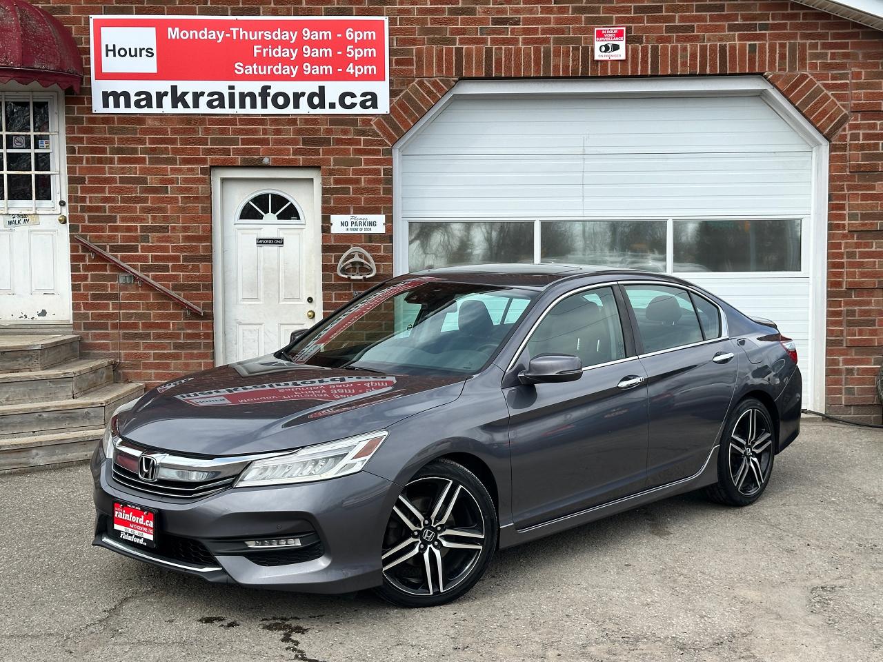 <p>Super-Clean and well-equipped Honda Accord from Mississauga, ON! This Touring model looks incredible in its Grey paint and factory alloy wheels with amazing options inside and out! The exterior features keyless entry with remote start and proximity keys, automatic headlights, foglights, factory power sunroof, colour-matched side mirrors with integrated turn signals, lane departure warning, parking sensors, forward collision warning, adaptive cruise, chromed accents, a sleek rear spoiler, a peppy fuel efficient 2.4L 4-cylinder engine and CVT Auto Transmission! The interior is clean and comfortable with heated leather power-adjustable front seats with driver lumbar and memory controls, heated leather rear seats, a spacious trunk, power door locks, windows and mirrors, a leather-wrapped steering wheel with audio and cruise controls, easy-to-read and use gauge cluster, push-button start, multifunction infotainment screen and large central touch screen AM/FM/XM Satellite HD Radio with Bluetooth, Navigation, Apple CarPlay, Android Auto, Backup Camera, Blind Spot Camera, and CD player, Dual-Zone A/C climate control with front and rear window defrost settings, Wireless device charger, USB/12V accessory ports, universal garage door opener, and more!</p><p> </p><p>Carfax Claims Free, Great looking and driving Sedan with a history of dealer maintenance!</p><p> </p><p>Call (905) 623-2906</p><p> </p><p>Text Ryan: (905) 429-9680 or email: ryan@markrainford.ca</p><p> </p><p>Text Mark: (905) 431-0966 or email: mark@markrainford.ca</p>