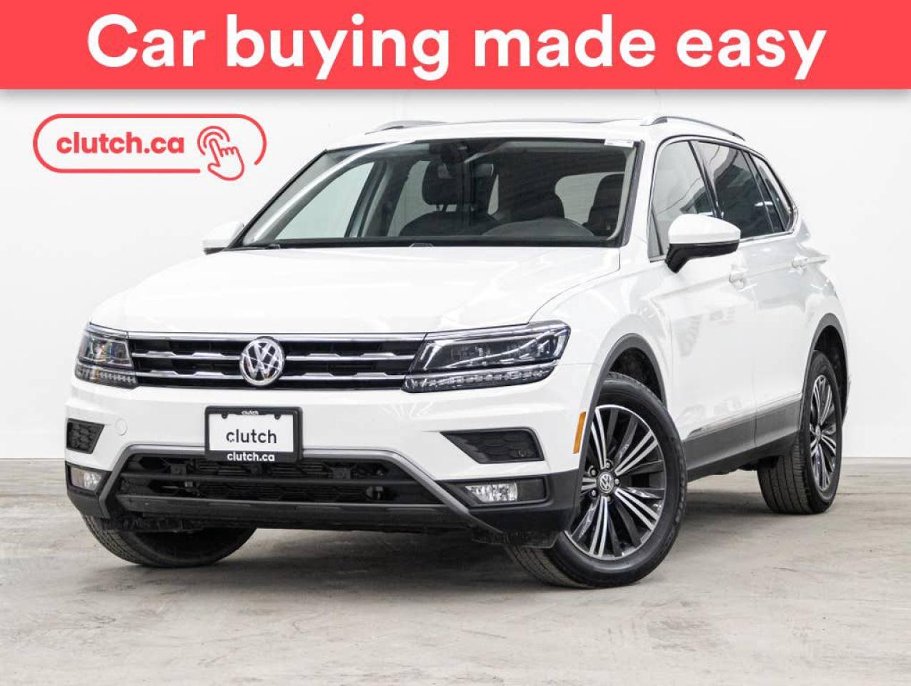 This vehicle is coming soon. Go to clutch.ca to get notified the instant the vehicle is available.<br> <br>NO ACCIDENTS / CLEAN CARFAX / 1 OWNER / Adaptive Cruise Control, 12V Outlet, Apple CarPlay and more!<br> <br>Clutch is the largest online used car retailer in Canada, delivering a seamless, hassle-free car-buying experience to drivers everywhere. Shop hundreds of used cars online, get the right one delivered to your door, and enjoy peace of mind with our optional 10-Day Money-Back Guarantee. How sweet is that? To learn more, visit clutch.ca.<br> <br>The top features for this 2018 Volkswagen Tiguan include:<br> <br>GPS Navigation<br>Adaptive Cruise Control<br>12V Outlet<br>Apple CarPlay<br>Android Auto<br>USB Input<br>Push Button Start<br>Remote Start<br>Power Folding Exterior Mirrors<br>Blindspot Sensors<br>Auto Stop/Start<br>Auto Dimming Rearview Mirror<br>Front Heated Seats<br>Driver Seat Memory System<br>Dual Zone Front Climate Control<br>Auxiliary Audio Input<br>Premium Sound System<br>Bluetooth Music<br>Touchscreen Display<br>Heated Steering Wheel<br>Panoramic Sunroof<br>Rear View Camera<br>Power Driver Seat<br>360 Camera<br> <br>Seamless home delivery - Delivery to your door in a matter of days. Available on select packages.<br> <br>Try it out for 10 days - If you do not like it, we will take it back. Available on select packages. <br> <br>Quality assured - All cars go through our rigorous 210-point inspection and reconditioning process.<br> <br>Peace of mind - Optional 3-month Standard Warranty, with additional warranty options available.<br> <br>Haggle-free - No haggling or hard sells.<br> <br>100% Transparency - Full inspection reports on every car, including high-res photography and a free Carfax report.<br> <br>Listed price is for cash purchase only and does not include taxes, Shipping Fees (if applicable), Delivery Fees (if applicable), government licensing fees. 10-day Money Back Guarantee, 3-month Standard Warranty, and home delivery are available with select packages.<br> <br>Previous Provincial Registrations:<br>Ontario<br> <br>Stock # 46085