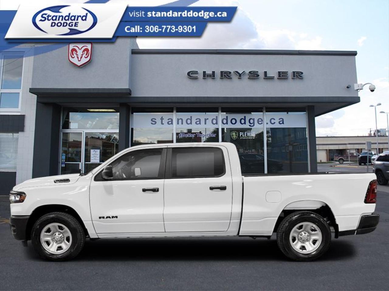 <b>Sunroof, Leather Seats, Bed Utility Group, Trailer Tow Group!</b><br> <br> <br> <br>  Beauty meets brawn with this rugged Ram 1500. Includes 4 x Gatorback Mud Flaps!<br> <br> This bright white Crew Cab 4X4 pickup   has a 8 speed automatic transmission and is powered by a  420HP 3.0L Straight 6 Cylinder Engine.<br> <br> Our 1500s trim level is Laramie. This Ram 1500 Laramie rewards you with great standard features such as ventilated and heated front seats, heated second row seats, leather upholstery, a heated leather steering wheel, a 10-speaker Alpine audio system, and a 12-inch infotainment screen powered by Uconnect 5W with inbuilt navigation, Apple CarPlay, Android Auto and 4G LTE Wi-Fi hotspot. Additional features include class IV towing equipment, a trailer wiring harness, front and rear parking sensors, blind spot detection, lane keeping assist with lane departure warning, remote start, adaptive cruise control, and even more! This vehicle has been upgraded with the following features: Sunroof, Leather Seats, Bed Utility Group, Trailer Tow Group. <br><br> View the original window sticker for this vehicle with this url <b><a href=http://www.chrysler.com/hostd/windowsticker/getWindowStickerPdf.do?vin=1C6SRFRP6SN704749 target=_blank>http://www.chrysler.com/hostd/windowsticker/getWindowStickerPdf.do?vin=1C6SRFRP6SN704749</a></b>.<br> <br>To apply right now for financing use this link : <a href=https://standarddodge.ca/financing target=_blank>https://standarddodge.ca/financing</a><br><br> <br/><br>* Visit Us Today *Youve earned this - stop by Standard Chrysler Dodge Jeep Ram located at 208 Cheadle St W., Swift Current, SK S9H0B5 to make this car yours today! <br> Pricing may not reflect additional accessories that have been added to the advertised vehicle<br> o~o