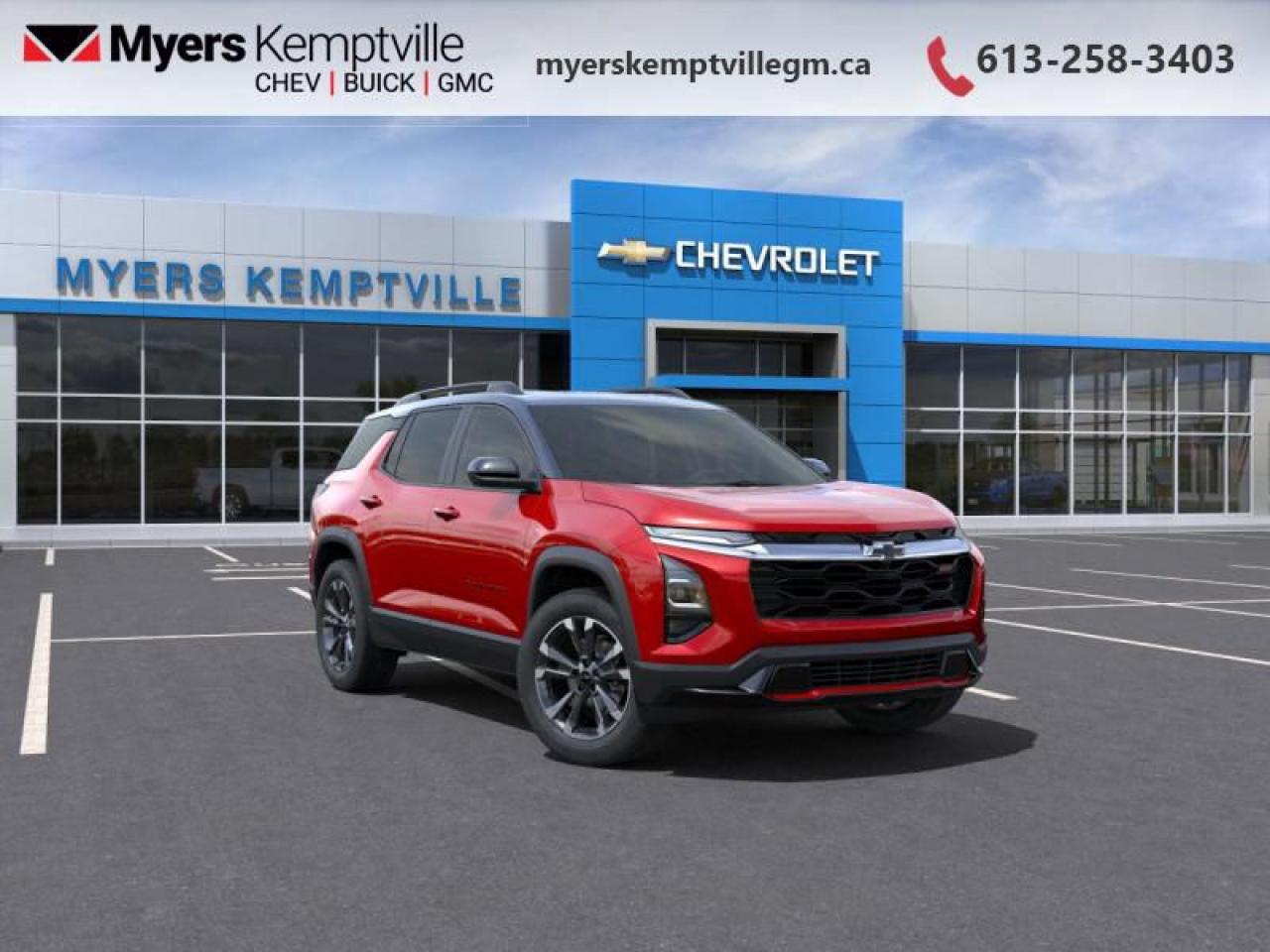 <b>Wireless Charging,  Power Liftgate,  Heated Seats,  Heated Steering Wheel,  Remote Start!</b><br> <br> <br> <br>At Myers, we believe in giving our customers the power of choice. When you choose to shop with a Myers Auto Group dealership, you dont just have access to one inventory, youve got the purchasing power of an entire auto group behind you!<br> <br>  Get the versatility of a compact SUV, with its impressive fuel economy in the Chevy Equinox. <br> <br>This extremely competent Chevy Equinox is a rewarding SUV that doubles down on versatility, practicality and all-round reliability. The dazzling exterior styling is sure to turn heads, while the well-equipped interior is put together with great quality, for a relaxing ride every time. This 2025 Equinox is sure to be loved by the whole family.<br> <br> This radiant red SUV  has an automatic transmission and is powered by a   1.5L 4 Cylinder Engine.<br> <br> Our Equinoxs trim level is RS. Standard features include wireless charging for mobile devices, a power liftgate for rear cargo access, heated front seats, a heated steering wheel, wireless Apple CarPlay and Android Auto, remote engine start, and adaptive cruise control. Safety features also include lane keeping assist with lane departure warning, rear park assist, front pedestrian braking, and collision alert. This vehicle has been upgraded with the following features: Wireless Charging,  Power Liftgate,  Heated Seats,  Heated Steering Wheel,  Remote Start,  Adaptive Cruise Control,  Blind Spot Detection. <br><br> <br>To apply right now for financing use this link : <a href=https://www.myerskemptvillegm.ca/finance/ target=_blank>https://www.myerskemptvillegm.ca/finance/</a><br><br> <br/>   Incentives expire 2025-03-31.  See dealer for details. <br> <br>Your journey to better driving experiences begins in our inventory, where youll find a stunning selection of brand-new Chevrolet, Buick, and GMC models. If youre looking to get additional luxuries at a wallet-friendly price, dont just pick pre-owned -- choose from our selection of over 300 Myers Approved used vehicles! Our incredible sales team will match you with the car, truck, or SUV thats got everything youre looking for, and much more. o~o