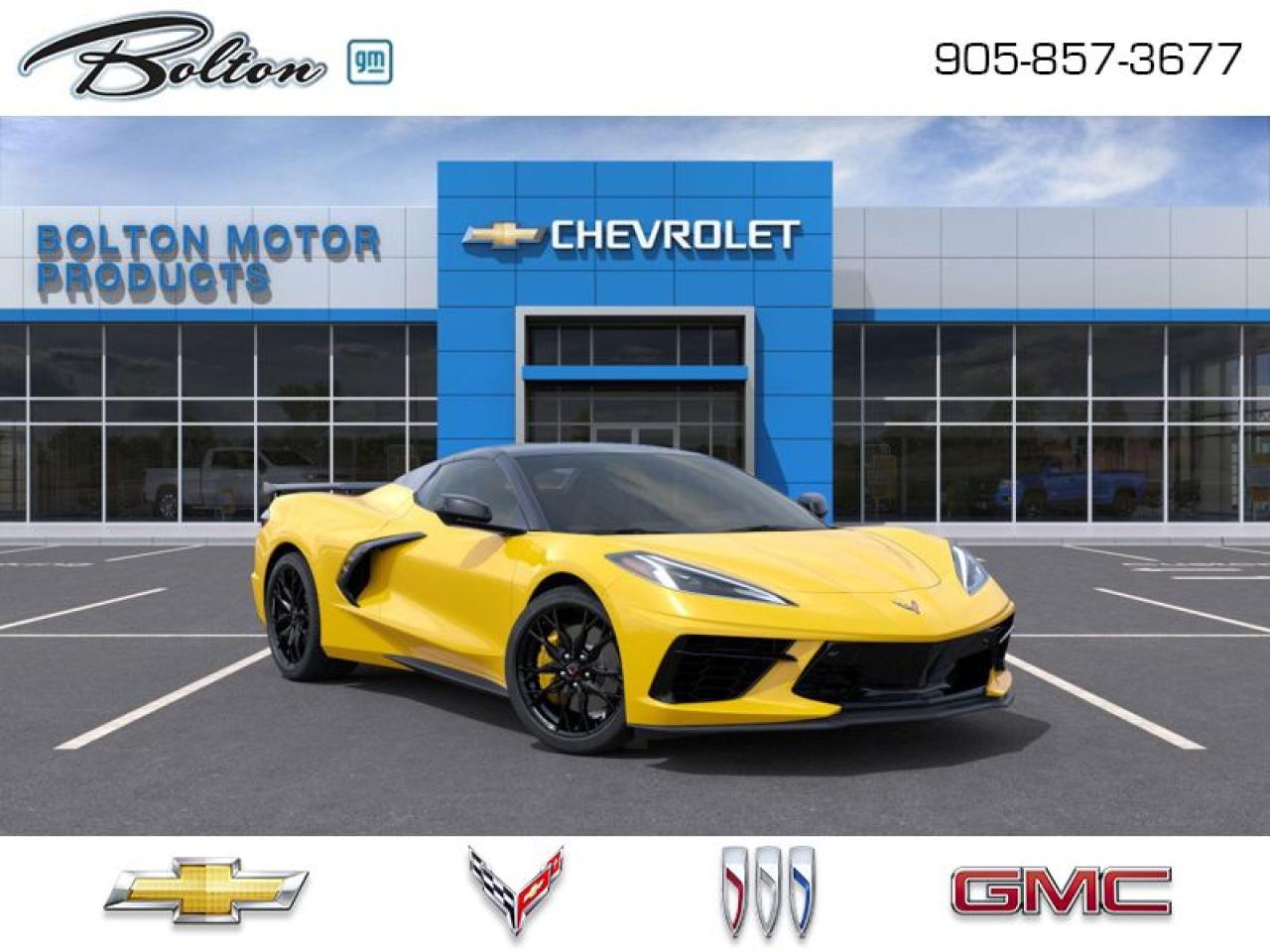 <b>Leather Seats, Premium Audio, Apple CarPlay, Android Auto, LED Lights, 4G Wi-Fi, Proximity Key, Climate Control, Rear Camera, SiriusXM</b><br> <br> <br> <br>  With supercar performance and flashy styling, this 2025 Chevrolet Corvette honors the models long-standing status as an automotive icon. <br> <br>With a lineage that stretches back to the 1950s, this Chevrolet Corvette is a mainstay of performance-car culture. Capability in the supercar range and surgically precise handling make the Corvette a track day monster, but its ride over rough tarmac is smooth and its cabin is comfortable enough for daily use. Storage areas behind the engine and in front of the cabin offer enough cargo space for a weekend away, and its exceptional prowess makes it a highly desirable sports car.<br> <br> This competition yellow tintcoat metallic  convertible  has an automatic transmission and is powered by a  490HP 6.2L 8 Cylinder Engine.<br> <br> Our Corvettes trim level is Stingray Convertible. This stunning Corvette comes with Mulan leather bucket seats, an 8-inch color touchscreen with Apple CarPlay and Android Auto, a Bose premium 10-speaker audio system and 4G LTE. You will also receive rear park assist with a rear vision camera, remote keyless entry and remote engine start, steering wheel mounted cruise control and audio controls, dual-zone automatic climate control for added comfort, signature LED lights and stylish aluminum wheels.<br><br> <br>To apply right now for financing use this link : <a href=http://www.boltongm.ca/?https://CreditOnline.dealertrack.ca/Web/Default.aspx?Token=44d8010f-7908-4762-ad47-0d0b7de44fa8&Lang=en target=_blank>http://www.boltongm.ca/?https://CreditOnline.dealertrack.ca/Web/Default.aspx?Token=44d8010f-7908-4762-ad47-0d0b7de44fa8&Lang=en</a><br><br> <br/><br>At Bolton Motor Products, we offer new Chevrolet, Cadillac, Buick, GMC cars and trucks in Bolton, along with used cars, trucks and SUVs by top manufacturers. Our sales staff will help you find that new or used car you have been searching for in the Bolton, Brampton, Nobleton, Kleinburg, Vaughan, & Maple area. o~o