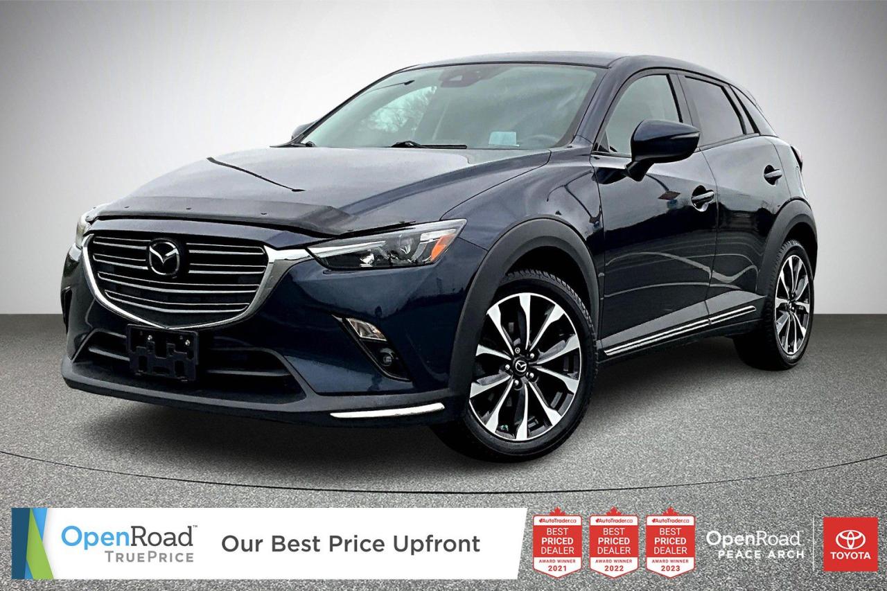 The 2019 Mazda CX-3 GT AWD is a compact crossover offering a blend of luxury and performance. It features a 2.0-liter SKYACTIV-G engine producing 148 horsepower, paired with a six-speed automatic transmission and all-wheel drive for enhanced traction. The GT trim includes leather upholstery, a power moonroof, heated front seats, and a heated steering wheel. It also offers advanced safety features such as Smart City Brake Support, blind-spot monitoring, and rear cross-traffic alert. The infotainment system includes a 7-inch touchscreen with navigation, Apple CarPlay, and Android Auto compatibility, delivering a premium driving experience with comfort and modern technology. Have confidence with your OpenRoad purchase! Every OpenRoad Certified Pre-Owned vehicle comes fully reconditioned and complete with a comprehensive 153 point mechanical inspection, a CarFax history & lien report, a 3-Day Money Back Guarantee, a 30-Day/2,000 kms Exchange Policy, a 90-Day/5,000 kms Powertrain Warranty, guaranteed clear title, and membership to our exclusive Club OpenRoad! As a proud member of the OpenRoad Auto Group, a trusted name since 2000 serving the Lower mainland (including White Rock, Surrey, Langley, Maple Ridge, Delta, Richmond, Mission and beyond) with outstanding Toyota vehicles, Toyota parts, and Toyota service since 1966! OpenRoad Toyota Peace Arch is a “True Price” dealer, meaning no inflated prices, and no need for back and forth haggling! We use up to the minute technology offering LIVE MARKET VALUE PRICING to ensure you are receiving the most competitive price possible on all of our Pre-Owned vehicles!  All advertised vehicle prices do not include our $599 documentation fee.