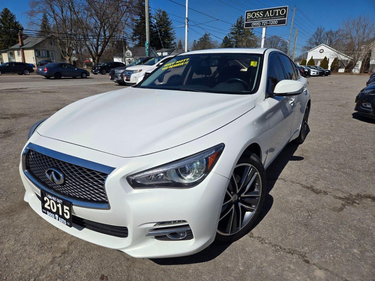 <p><span style=font-family: Segoe UI, sans-serif; font-size: 18px;>SUPER LUXURIOUS WHITE ON BLACK INFINITI SPORT SEDAN IN EXCELLENT CONDITION W/ GREAT MILEAGE, EQUIPPED W/ THE EVER RELIABLE 6 CYLINDER 3.7L 328 HORSEPOWER DOHC ENGINE, FULLY LOADED W/ UPGRADED PREMIUM SOUND SYSTEM, INTUITIVE ALL-WHEEL DRIVE, HEATED STEERING WHEEL, BLINDSIDE WARNING SYSTEM, GPS NAVIGATION, TINTED WINDOWS, AUTOMATIC HEADLIGHTS, HEATED SIDE VIEW MIRRORS, KEYLESS/PROXIMITY ENTRY, PUSH BUTTON START, REAR-VIEW CAMERA, LEATHER/HEATED/POWER SEATS, POWER MOONROOF AND MUCH MUCH MORE!!! This vehicle comes certified with all-in pricing excluding HST tax and licensing. Also included is a complimentary 36 days complete coverage safety and powertrain warranty, and one year limited powertrain warranty. Please visit www.bossauto.ca for more details!</span></p>