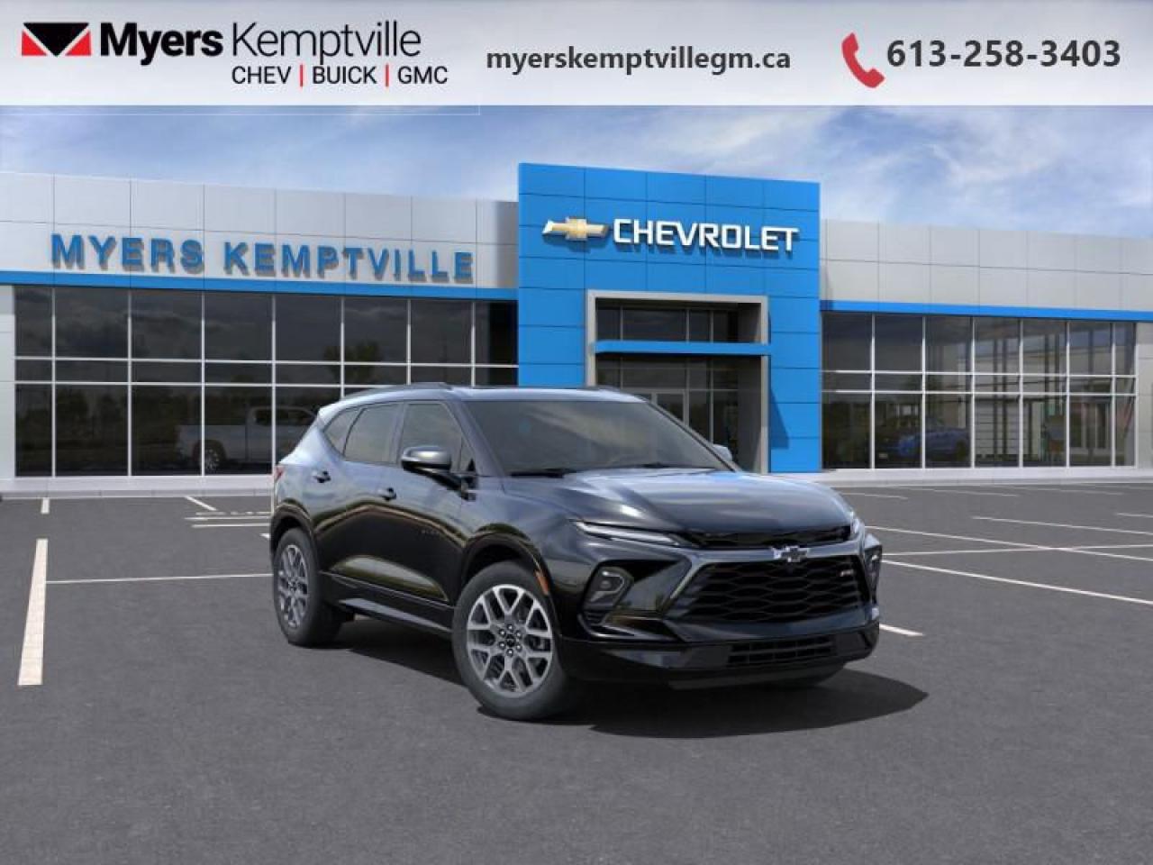 <b>Sunroof, Remote Engine Start, Rear View Camera, Convenience Package, Power Liftgate!</b><br> <br> <br> <br>At Myers, we believe in giving our customers the power of choice. When you choose to shop with a Myers Auto Group dealership, you dont just have access to one inventory, youve got the purchasing power of an entire auto group behind you!<br> <br>  Sophisticated and extremely capable, this 2025 Chevrolet Blazer checks all the boxes for the perfect utilitarian aimed family crossover. <br> <br>Sculpted and stylish with a roomy, driver-centric interior, this Chevrolet Blazer is engineered with form and function in mind. With loads of features and tech, it is a potent and highly capable crossover SUV that is big on practicality, passenger comfort and premium driving experiences. With a driver-focused interior, this Chevy Blazer invites you to take the wheel. Controls, switches and features are easily within reach and right where you expect them to be.<br> <br> This black SUV  has an automatic transmission and is powered by a  308HP 3.6L V6 Cylinder Engine.<br> <br> Our Blazers trim level is RS. Standard features include wireless charging for mobile devices, Bose premium audio, a power liftgate for rear cargo access, leather upholstery, heated seats, remote engine start, dual-zone automatic climate control, and a 10.2-inch diagonal infotainment screen with wireless Apple CarPlay and Android Auto. Safety features also include rear park assist, blind zone alert, automatic emergency braking, front pedestrian braking, lane keep assist with lane departure warning, following distance indicator and forward collision alert. This vehicle has been upgraded with the following features: Sunroof, Remote Engine Start, Rear View Camera, Convenience Package, Power Liftgate, Rear Park Assist, Safety Plus Package. <br><br> <br>To apply right now for financing use this link : <a href=https://www.myerskemptvillegm.ca/finance/ target=_blank>https://www.myerskemptvillegm.ca/finance/</a><br><br> <br/>   Incentives expire 2025-03-31.  See dealer for details. <br> <br>Your journey to better driving experiences begins in our inventory, where youll find a stunning selection of brand-new Chevrolet, Buick, and GMC models. If youre looking to get additional luxuries at a wallet-friendly price, dont just pick pre-owned -- choose from our selection of over 300 Myers Approved used vehicles! Our incredible sales team will match you with the car, truck, or SUV thats got everything youre looking for, and much more. o~o