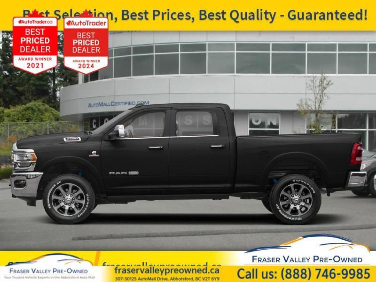 Fraser Valley Pre-Owned is excited to present this heart throb of a truck, a one-owner 2021 Ram 2500 Limited Longhorn, loaded with all the luxury and performance features you could dream of in a truck. Dressed in stunning Diamond Black Crystal Pearl paint, the interior features the timeless two-tone Mountain Brown and Light Mountain Brown marshmallow-soft leather seats, creating an elegant atmosphere.
 
At the heart of this 2500 Limited Longhorn is the legendary 6.7L V6 Diesel Cummins engine, paired with a reliable 6-speed automatic transmission.
 
Feature List Includes:
 
12-Inch Touchscreen Navigation System
Apple CarPlay and Android Auto
Cooled and Ventilated Leather Seats
Heated Leather Steering Wheel
Heated Front and 2nd Row Seats
Rain-Sensing Automatic Windshield Wipers
Automatic High Beams
Engine Block Heater
Brake Assist and Ready Alert Braking
Digital Rearview Mirror
Lane Departure Warning and Lane Keep Assist
Forward Collision Warning and Forward Automatic Braking (Insurance Discount!)
Adaptive Cruise Control and Adaptive Steering System
Blind-Spot and Cross Path Detection
5th Wheel and Gooseneck Towing Prep Group
Deployable Bed Step
Center High-Mounted Stop Lamp with Camera
Spray-In Bedliner
Plus much, much more! 
 
This 2021 Ram 2500 Limited Longhorn is a perfect blend of luxury, power, and capability, making it a must-have for anyone in search of a dream truck.
 
Don’t miss your chance to own this exceptional vehicle! Contact our Sales and Finance team or apply for Pre-Approval today, and let’s get you behind the wheel of this outstanding Ram 2500!
 To view the original window sticker for this vehicle view this http://www.chrysler.com/hostd/windowsticker/getWindowStickerPdf.do?vin=3C6UR5GL5MG598695. 

 
To apply right now for financing use this link : https://www.fraservalleypreowned.ca/abbotsford-car-loan-application-british-columbia
 
 

| Our Quality Guarantee: We maintain the highest standard of quality that is required for a Pre-Owned Dealership to operate in an Auto Mall. We provide an independent 360-degree inspection report through licensed 3rd Party mechanic shops. Thus, our customers can rest assured each vehicle will be a reliable, and responsible purchase.  |  Purchase Disclaimer: Your selected vehicle may have a differing finance and cash prices. When viewing our vehicles on third party  marketplaces, please click over to our website to verify the correct price for the vehicle. The Sale Price on third party websites will always reflect the Finance Price of our vehicles. If you are making a Cash Purchase, please refer to our website for the Cash Price of the vehicle.  | All prices are subject to and do not include, a $995 Finance Fee, and a $995 Document Fee.   These fees as well as taxes, are included in all listed listed payment quotes. Please speak with Dealer for full details and exact numbers.  o~o