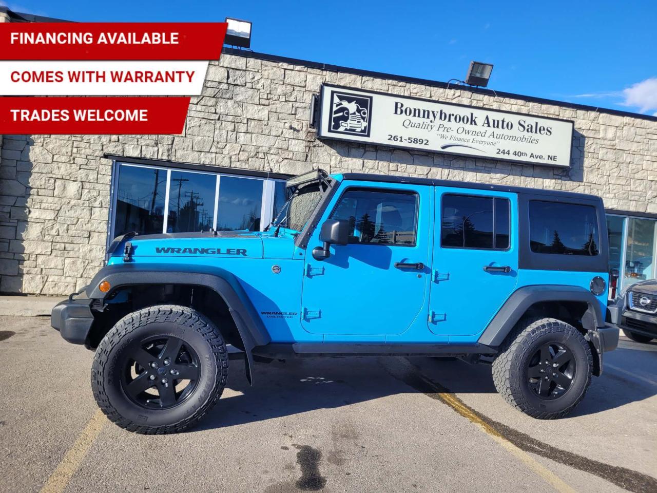 Need a vehicle that is fun to drive? Look at our Pre-Owned 2017 JEEP WRANGLER UNLIMITED BIG BEAR 4X4  (Pictured in photo)  Options including, Keyless Entry, Bluetooth,  Power Mirrors, Factory Car stater Power Locks, Light bar, Navigation, Power Windows./Air /Tilt /Cruise/AM/FM Cd player with subs. Drives like a all wheel drive. Smooth ride at a great price thats ready for your test drive. Fully inspected and given a clean bill of health by our technicians and a 6 months warranty package.. Fully detailed on the interior and exterior so it feels like new to you. There should never be any surprises when buying a used car, thats why we share our Mechanical Fitness Assessment and Carfax with our customers, so you know what we know. Bonnybrook Auto sales is helping thousands find quality used vehicles at prices they can afford. If you would like to book a test drive, have questions about a vehicle or need information on finance rates, give our friendly staff a call today! Bonnybrook auto sales is proudly one of the few car dealerships that have been serving Calgary for over Twenty years. /TRADE INS WELCOMED/ Amvic Licensed Business.  Due to the recent increase for used vehicles.  Demand and sales combined with  the U.S exchange rate, a lot  vehicles are being exported to the U.S. We are in need of pre-owned vehicles. We give top dollar for your trades.  We also purchase all makes and models of vehicles.