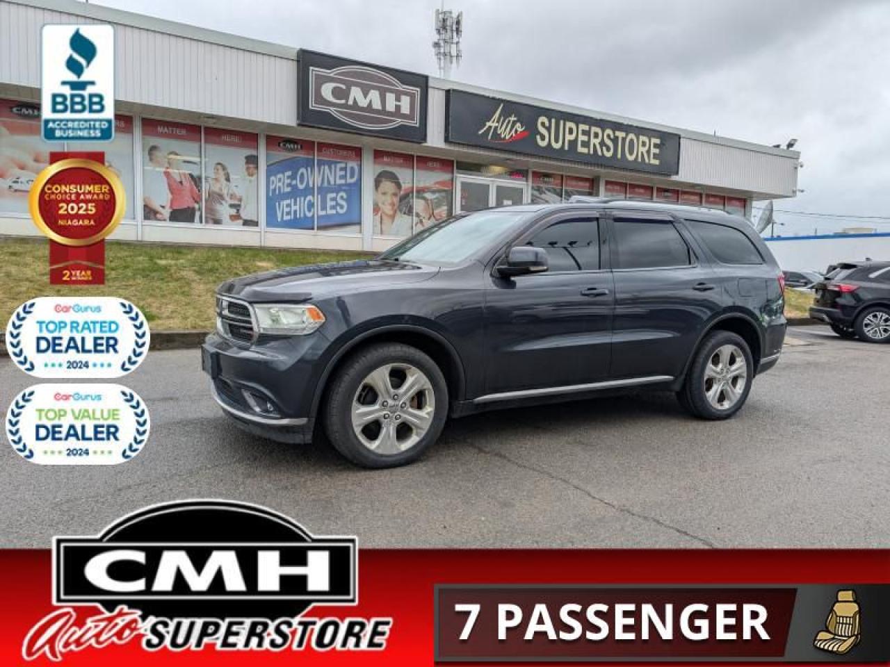 <b>V6 4WD !! NAVIGATION, REAR CAMERA, PARKING SENSORS, BLUETOOTH, 2X REAR DVD (HEADREST), PADDLE SHIFTERS, SUNROOF, LEATHER, POWER SEATS W/ DRIVER MEMORY, 4X HEATED SEATS, HEATED STEERING WHEEL, DUAL CLIMATE CONTROL, REMOTE START, 7 PASSENGER, 20-IN ALLOYS</b><br>  <br>CMH certifies that all vehicles meet DOUBLE the Ministry standards for Brakes and Tires<br><br> <br>    This  2015 Dodge Durango is for sale today. <br> <br>This Dodge Durango offers drivers the best of everything. It starts with a well-appointed interior with a generous amount of room for cargo and passengers. Muscular styling sets this Durango apart from the softer crossovers on the market. Impressive confidence comes from a powerful, yet efficient drivetrain. The standard all-wheel drive capability is balanced by plush, upscale interior details making for a well-balanced, family friendly SUV. This  SUV has 235,969 kms. Its  blue in colour  . It has an automatic transmission and is powered by a  295HP 3.6L V6 Cylinder Engine.  This vehicle has been upgraded with the following features: Leather Seats,  Bluetooth,  Heated Seats,  Heated Steering Wheel,  Rear View Camera,  Remote Start,  Siriusxm. <br> To view the original window sticker for this vehicle view this <a href=http://www.chrysler.com/hostd/windowsticker/getWindowStickerPdf.do?vin=1C4RDJDG1FC223034 target=_blank>http://www.chrysler.com/hostd/windowsticker/getWindowStickerPdf.do?vin=1C4RDJDG1FC223034</a>. <br/><br> <br>To apply right now for financing use this link : <a href=https://www.cmhniagara.com/financing/ target=_blank>https://www.cmhniagara.com/financing/</a><br><br> <br/><br>Trade-ins are welcome! Financing available OAC ! Price INCLUDES a valid safety certificate! Price INCLUDES a 60-day limited warranty on all vehicles except classic or vintage cars. CMH is a Full Disclosure dealer with no hidden fees. We are a family-owned and operated business for over 30 years! o~o