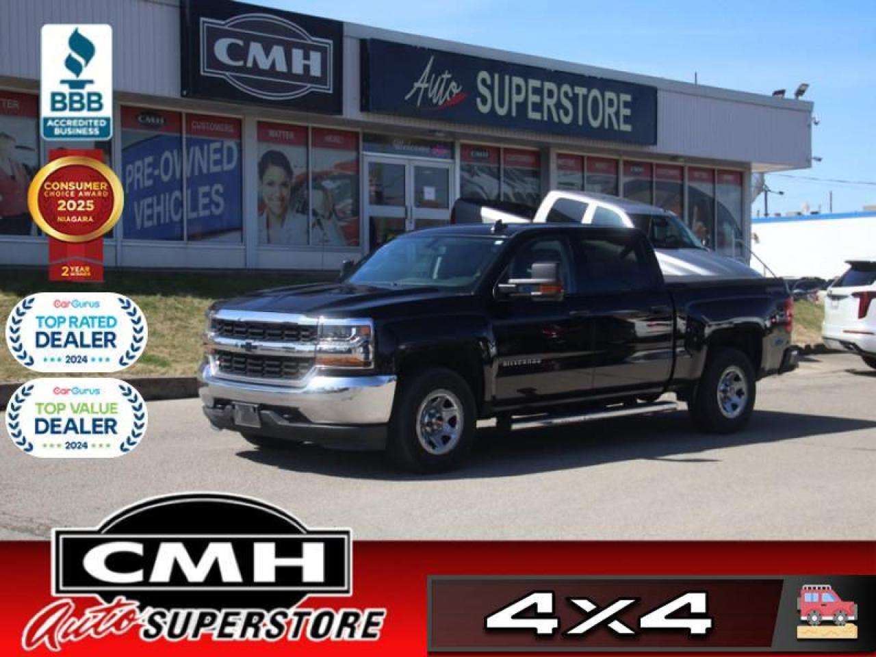 <b>DRIVES PERFECT !! V8 4X4 !! CREW CAB !! REAR CAMERA, APPLE CARPLAY, ANDROID AUTO, BLUETOOTH, AUXILIARY PORT, USB PORT, STEERING WHEEL CONTROLS, CRUISE CONTROL, 4X4 FLOOR SHIFTER, POWER GROUP, AIR CONDITIONING, SOFT TONNEAU, SPRAY LINER, 17-IN STEEL WHEELS</b><br>  <br>CMH certifies that all vehicles meet DOUBLE the Ministry standards for Brakes and Tires<br><br> <br>    This  2017 Chevrolet Silverado 1500 is for sale today. <br> <br>This Chevy Silverado has the strength, capability and advanced technology that stand the test of time and the test of miles. This trucks capability is defined by a powertrain thats both powerful and efficient. Tough, proven, high-strength steel that provides high-strength dependability raises the bar even higher. This Silverado is brawn, brains, and reliability brought together in one powerful pickup you can trust. This  Crew Cab 4X4 pickup  has 226,884 kms. Its  black in colour  and is completely accident free based on the <a href=https://vhr.carfax.ca/?id=YUHKUoGsn0xH4NycSgesJ5Hyzw3ytbhk target=_blank>CARFAX Report</a> . It has an automatic transmission and is powered by a  355HP 5.3L 8 Cylinder Engine. <br> <br> Our Silverado 1500s trim level is LS. This Silverado 1500 LS is a step above the base WT model and includes Chevrolet MyLink radio, wireless bluetooth and a 6 speaker stereo. Additionally, it also comes with SiriusXM, OnStar with 4G LTE, power windows, remote keyless entry and a remote locking tailgate. Furthermore, electronic cruise control, Stabilitrak stability control system and OnStar Guidance Plan is also standard on this vehicle. This vehicle has been upgraded with the following features: Mylink,  Bluetooth,  Cruise Control,  Siriusxm,  Ez-lift Tailgate,  Remote Keyless Entry. <br> <br>To apply right now for financing use this link : <a href=https://www.cmhniagara.com/financing/ target=_blank>https://www.cmhniagara.com/financing/</a><br><br> <br/><br>Trade-ins are welcome! Financing available OAC ! Price INCLUDES a valid safety certificate! Price INCLUDES a 60-day limited warranty on all vehicles except classic or vintage cars. CMH is a Full Disclosure dealer with no hidden fees. We are a family-owned and operated business for over 30 years! o~o