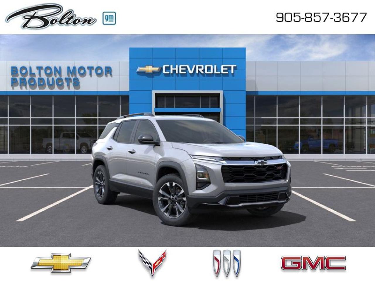 <b>Sunroof!</b><br> <br> <br> <br>  With its comfortable ride, roomy cabin and the technology to help you keep in touch, this 2025 Chevy Equinox is one of the best in its class. <br> <br>This extremely competent Chevy Equinox is a rewarding SUV that doubles down on versatility, practicality and all-round reliability. The dazzling exterior styling is sure to turn heads, while the well-equipped interior is put together with great quality, for a relaxing ride every time. This 2025 Equinox is sure to be loved by the whole family.<br> <br> This sterling grey metallic  SUV  has an automatic transmission and is powered by a   1.5L 4 Cylinder Engine.<br> <br> Our Equinoxs trim level is RS. Standard features include wireless charging for mobile devices, a power liftgate for rear cargo access, heated front seats, a heated steering wheel, wireless Apple CarPlay and Android Auto, remote engine start, and adaptive cruise control. Safety features also include lane keeping assist with lane departure warning, rear park assist, front pedestrian braking, and collision alert. This vehicle has been upgraded with the following features: Sunroof. <br><br> <br>To apply right now for financing use this link : <a href=http://www.boltongm.ca/?https://CreditOnline.dealertrack.ca/Web/Default.aspx?Token=44d8010f-7908-4762-ad47-0d0b7de44fa8&Lang=en target=_blank>http://www.boltongm.ca/?https://CreditOnline.dealertrack.ca/Web/Default.aspx?Token=44d8010f-7908-4762-ad47-0d0b7de44fa8&Lang=en</a><br><br> <br/><br>At Bolton Motor Products, we offer new Chevrolet, Cadillac, Buick, GMC cars and trucks in Bolton, along with used cars, trucks and SUVs by top manufacturers. Our sales staff will help you find that new or used car you have been searching for in the Bolton, Brampton, Nobleton, Kleinburg, Vaughan, & Maple area. o~o