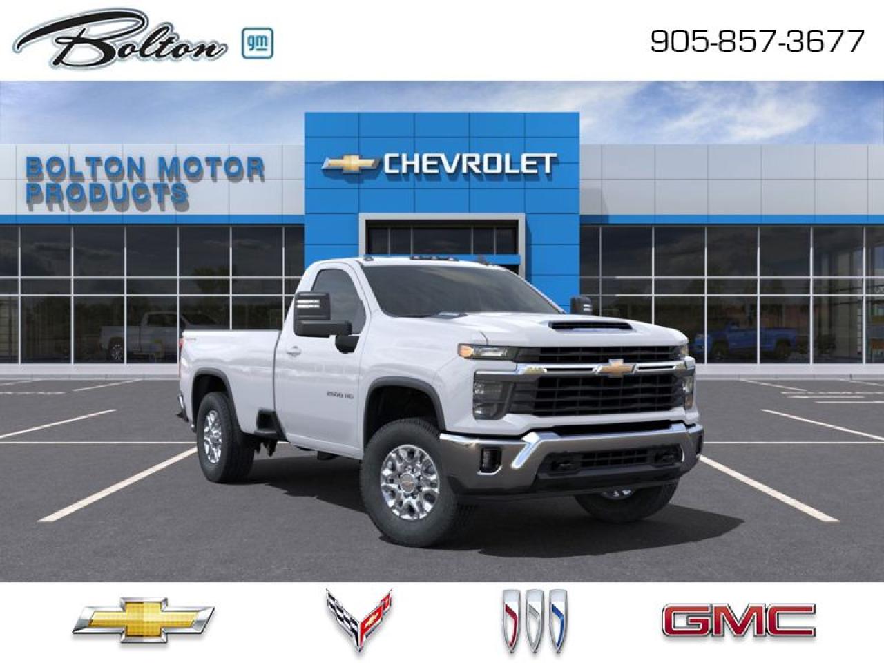 <b>Aluminum Wheels, SiriusXM, Trailering Package, Apple CarPlay, Android Auto, Remote Keyless Entry, Front Pedestrian Braking, Lane Departure Warning, Forward Collision Alert </b><br> <br> <br> <br>  With stout build quality and astounding towing capability, there isnt a better choice than this Silverado 2500HD for all your work-site needs. <br> <br>This 2025 Silverado 2500HD is highly configurable work truck that can haul a colossal amount of weight thanks to its potent drivetrain. This truck also offers amazing interior features that nestle occupants in comfort and luxury, with a great selection of tech features. For heavy-duty activities and even long-haul trips, the Silverado 2500HD is all the truck youll ever need.<br> <br> This summit white sought after diesel Regular Cab 4X4 pickup   has an automatic transmission and is powered by a  470HP 6.6L 8 Cylinder Engine.<br> <br> Our Silverado 2500HDs trim level is LT. This trim rewards you with an upgraded 13.4-inch infotainment screen with navigation capability and a digital drivers display. Also standard include a trailering package with hitch guidance, machined aluminum wheels, SiriusXM satellite radio, heated trailering mirrors, a locking tailgate, Apple CarPlay and Android Auto, and remote keyless entry. Safety features also include automatic emergency braking, front pedestrian braking, lane departure warning, forward collision alert, and following distance indicator.<br><br> <br>To apply right now for financing use this link : <a href=http://www.boltongm.ca/?https://CreditOnline.dealertrack.ca/Web/Default.aspx?Token=44d8010f-7908-4762-ad47-0d0b7de44fa8&Lang=en target=_blank>http://www.boltongm.ca/?https://CreditOnline.dealertrack.ca/Web/Default.aspx?Token=44d8010f-7908-4762-ad47-0d0b7de44fa8&Lang=en</a><br><br> <br/><br>At Bolton Motor Products, we offer new Chevrolet, Cadillac, Buick, GMC cars and trucks in Bolton, along with used cars, trucks and SUVs by top manufacturers. Our sales staff will help you find that new or used car you have been searching for in the Bolton, Brampton, Nobleton, Kleinburg, Vaughan, & Maple area. o~o