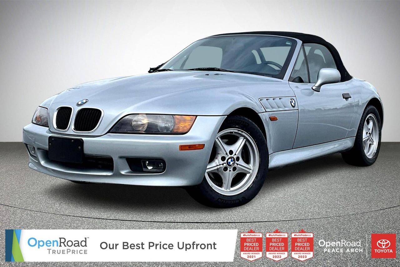 New Tires! Low kilometers! Fresh Oil Change! The 1998 BMW Z3 1.9 is a two-seater roadster powered by a 1.9-liter inline-four engine producing 138 horsepower and 133 lb-ft of torque. It features a five-speed manual transmission. The rear-wheel-drive sports car offers agile handling, thanks to its low curb weight and balanced chassis. Standard features include leatherette upholstery, air conditioning, power windows, and a manually operated soft-top. Safety equipment includes dual front airbags, anti-lock brakes (ABS), and traction control. The exterior design is characterized by classic roadster styling with a long hood and short rear deck, emphasizing BMW’s sporty heritage.  Have confidence with your OpenRoad purchase! Every OpenRoad Certified Pre-Owned vehicle comes fully reconditioned and complete with a comprehensive 153 point mechanical inspection, a CarFax history & lien report, a 3-Day Money Back Guarantee, a 30-Day/2,000 kms Exchange Policy, a 90-Day/5,000 kms Powertrain Warranty, guaranteed clear title, and membership to our exclusive Club OpenRoad! As a proud member of the OpenRoad Auto Group, a trusted name since 2000 serving the Lower mainland (including White Rock, Surrey, Langley, Maple Ridge, Delta, Richmond, Mission and beyond) with outstanding Toyota vehicles, Toyota parts, and Toyota service since 1966! OpenRoad Toyota Peace Arch is a “True Price” dealer, meaning no inflated prices, and no need for back and forth haggling! We use up to the minute technology offering LIVE MARKET VALUE PRICING to ensure you are receiving the most competitive price possible on all of our Pre-Owned vehicles!  All advertised vehicle prices do not include our $599 documentation fee.