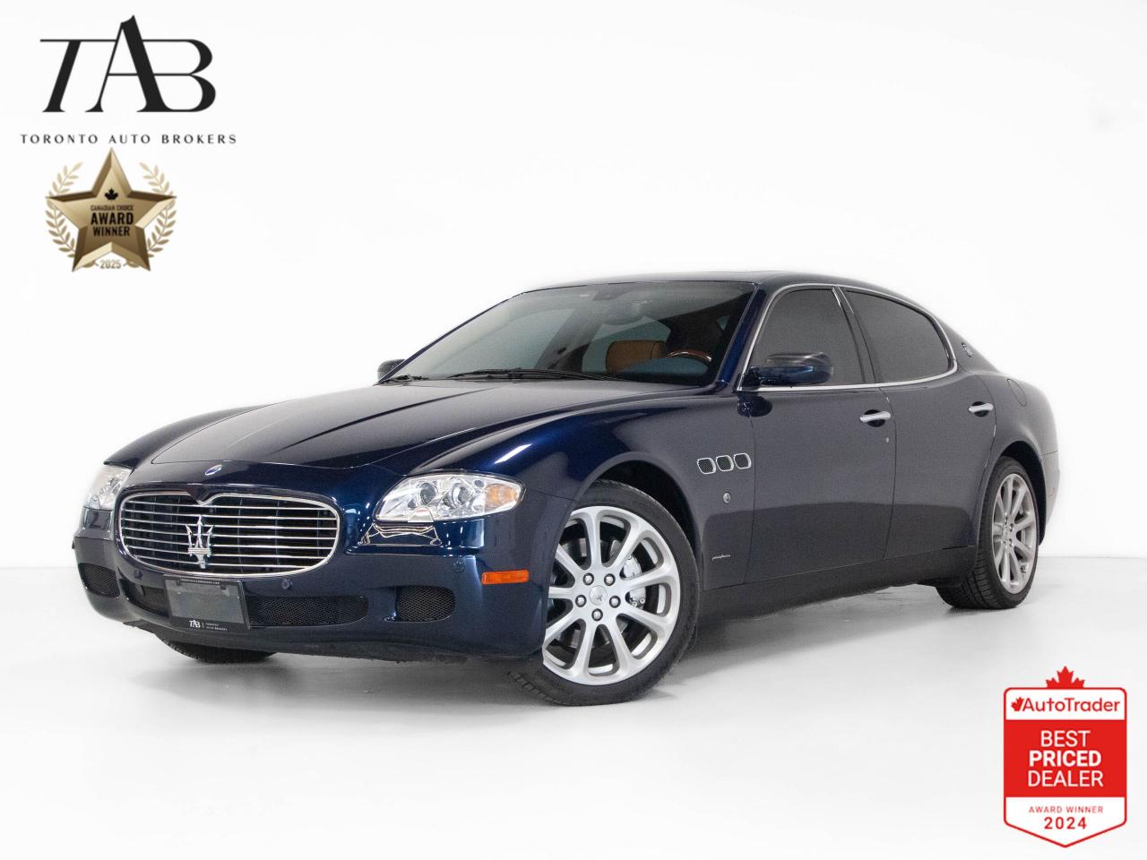 This elegant 2007 Maserati Quattroporte is a local Ontario vehicle with a clean CARFAX report. A true blend of Italian craftsmanship and performance, this luxury sports sedan features a Ferrari-derived V8 engine, delivering an exhilarating driving experience. With its sophisticated dark blue exterior, premium brown leather interior, and exquisite wood trim, this Quattroporte offers timeless style and refined comfort.

Key Features Include:

Ferrari-Derived 4.2L V8 Engine
6-Speed Automatic Transmission with Paddle Shifters
Premium Brown Leather Interior with Wood Trim
Power Sunroof
Bose Premium Sound System
Heated Front Seats
Navigation System
Bi-Xenon Headlights
Rear Parking Sensors
19-Inch Alloy Wheels

NOW OFFERING 3 MONTH DEFERRED FINANCING PAYMENTS ON APPROVED CREDIT. 

WE OFFER THE BEST FINANCE RATES, AND DONT CHARGE ANY FINANCING FEE 

Looking for a top-rated pre-owned luxury car dealership in the GTA? Look no further than Toronto Auto Brokers (TAB)! Were proud to have won multiple awards, including the 2024 AutoTrader Best Priced Dealer, the 2024 CarGurus Award, the 2025 Top Choice Award, the 2025 Consumer Satisfaction Award, the 2025 Canadian Choice Award, the 2024 Three Best Rated Dealer Award, and many more!

With 30 years of experience serving the Greater Toronto Area, TAB is a respected and trusted name in the pre-owned luxury car industry. Our 30,000 sq.Ft indoor showroom is home to a wide range of luxury vehicles from top brands like BMW, Mercedes-Benz, Audi, Porsche, Land Rover, Jaguar, Aston Martin, Bentley, Maserati, and more. And we dont just serve the GTA, were proud to offer our services to all cities in Canada, including Vancouver, Montreal, Calgary, Edmonton, Winnipeg, Saskatchewan, Halifax, and more.

At TAB, were committed to providing a no-pressure environment and honest work ethics. As a family-owned and operated business, we treat every customer like family and ensure that every interaction is a positive one. Come experience the TAB Lifestyle at its truest form, luxury car buying has never been more enjoyable and exciting!

We offer a variety of services to make your purchase experience as easy and stress-free as possible. From competitive and simple financing and leasing options to extended warranties, aftermarket services, and full history reports on every vehicle, we have everything you need to make an informed decision. We welcome every trade, even if youre just looking to sell your car without buying, and when it comes to financing or leasing, we offer same day approvals, with access to over 50 lenders, including all of the banks in Canada. Feel free to check out your own Equifax credit score without affecting your credit score, simply click on the Equifax tab above and see if you qualify.

So if youre looking for a luxury pre-owned car dealership in Toronto, look no further than TAB! We proudly serve the GTA, including Toronto, Etobicoke, Woodbridge, North York, York Region, Vaughan, Thornhill, Richmond Hill, Mississauga, Scarborough, Markham, Oshawa, Peteborough, Hamilton, Newmarket, Orangeville, Aurora, Brantford, Barrie, Kitchener, Niagara Falls, Oakville, Cambridge, Kitchener, Waterloo, Guelph, London, Windsor, Orillia, Pickering, Ajax, Whitby, Durham, Cobourg, Belleville, Kingston, Ottawa, Montreal, Vancouver, Winnipeg, Calgary, Edmonton, Regina, Halifax, and more.

Call us today or visit our website to learn more about our inventory and services. And remember, all prices exclude applicable taxes and licensing, and vehicles can be certified at an additional cost of $799.