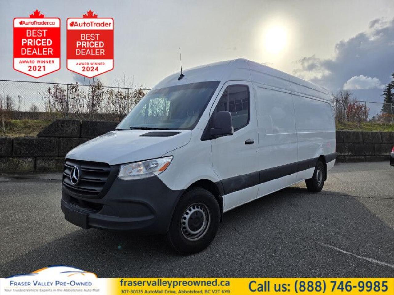 Fraser Valley Pre-Owned is excited to present this local Diesel 2022 Mercedes-Benz Sprinter Cargo Van High Roof with a 170-inch wheelbase and very low mileage! This exceptional van combines functionality with performance, making it an ideal choice for businesses and professionals alike.
 
Key Features Include:
 
Heavy-Duty Suspension: Designed to handle heavy loads and tough terrains with ease.
Proximity Key: Enjoy the convenience of keyless entry with push-button start.
Steering Wheel Controls: Effortlessly manage your audio and connectivity without taking your hands off the wheel.
Power Heated and Extendable Side Mirrors: Featuring convex spotters for enhanced visibility.
Air Conditioning: Ensures a comfortable cabin in all weather conditions.
Vinyl-Upholstered Front Seats: Durable and easy to clean, making them ideal for work environments.
Rubber-Coated Floor: Provides added protection and ease of maintenance.
Electronic Cruise Control: Set your speed effortlessly with manageable controls on the steering wheel.
Power Door Locks: For additional convenience and security.
Audio System with AM/FM Radio, AUX Input, and Audio Streaming: Keep entertained and connected during your drives.
+ much, much, more!
 
This 2022 Mercedes-Benz Sprinter Cargo Van is built for versatility and dependability. Don’t miss your chance to own this exceptional vehicle! 
 
Contact our Sales and Finance team or apply for Pre-Approval today, and let’s get you behind the wheel of this outstanding Sprinter Van!
 
To apply right now for financing use this link : https://www.fraservalleypreowned.ca/abbotsford-car-loan-application-british-columbia
 
 

| Our Quality Guarantee: We maintain the highest standard of quality that is required for a Pre-Owned Dealership to operate in an Auto Mall. We provide an independent 360-degree inspection report through licensed 3rd Party mechanic shops. Thus, our customers can rest assured each vehicle will be a reliable, and responsible purchase.  |  Purchase Disclaimer: Your selected vehicle may have a differing finance and cash prices. When viewing our vehicles on third party  marketplaces, please click over to our website to verify the correct price for the vehicle. The Sale Price on third party websites will always reflect the Finance Price of our vehicles. If you are making a Cash Purchase, please refer to our website for the Cash Price of the vehicle.  | All prices are subject to and do not include, a $995 Finance Fee, and a $995 Document Fee.   These fees as well as taxes, are included in all listed listed payment quotes. Please speak with Dealer for full details and exact numbers.  o~o