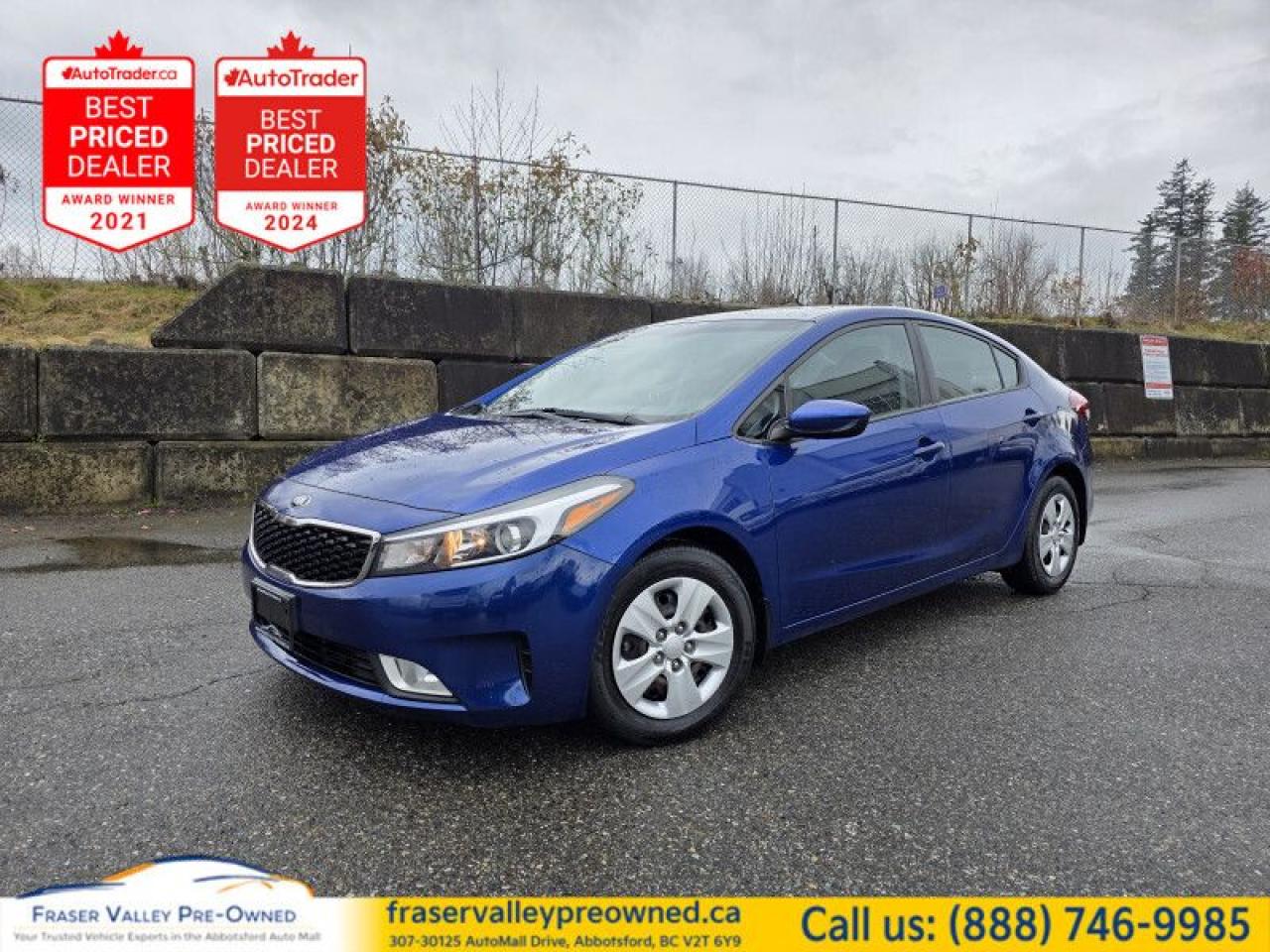 Dealer Serviced, Auto, Clean History, Local, Back-Up Cam, Heated Seats
Keyless Entry, Cruise Control, Power Steering
Aftermarket Infotainment!
 
  From its sleek and sporty design to its advanced features, the 2017 Forte is everything youre looking for and more. This  2017 Kia Forte is fresh on our lot in Abbotsford. 
 
The 2017 Forte delivers more than youd expect from a compact sedan. Updated for 2017, the revisions revolve primarily around interior and exterior features plus a new engine that improves power and efficiency.  On the outside, the Forte has been updated with a new front bumper, fascia and grill which now connects to the headlamps. On the inside, a newly designed interior has been upgraded to this well appointed compact car. This low mileage  sedan has just 70,171 kms. Its  hyper blue metallic in colour  . It has an automatic transmission and is powered by a  smooth engine.  It may have some remaining factory warranty, please check with dealer for details. 
 
To apply right now for financing use this link : https://www.fraservalleypreowned.ca/abbotsford-car-loan-application-british-columbia
 
 

| Our Quality Guarantee: We maintain the highest standard of quality that is required for a Pre-Owned Dealership to operate in an Auto Mall. We provide an independent 360-degree inspection report through licensed 3rd Party mechanic shops. Thus, our customers can rest assured each vehicle will be a reliable, and responsible purchase.  |  Purchase Disclaimer: Your selected vehicle may have a differing finance and cash prices. When viewing our vehicles on third party  marketplaces, please click over to our website to verify the correct price for the vehicle. The Sale Price on third party websites will always reflect the Finance Price of our vehicles. If you are making a Cash Purchase, please refer to our website for the Cash Price of the vehicle.  | All prices are subject to and do not include, a $995 Finance Fee, and a $995 Document Fee.   These fees as well as taxes, are included in all listed listed payment quotes. Please speak with Dealer for full details and exact numbers.  o~o