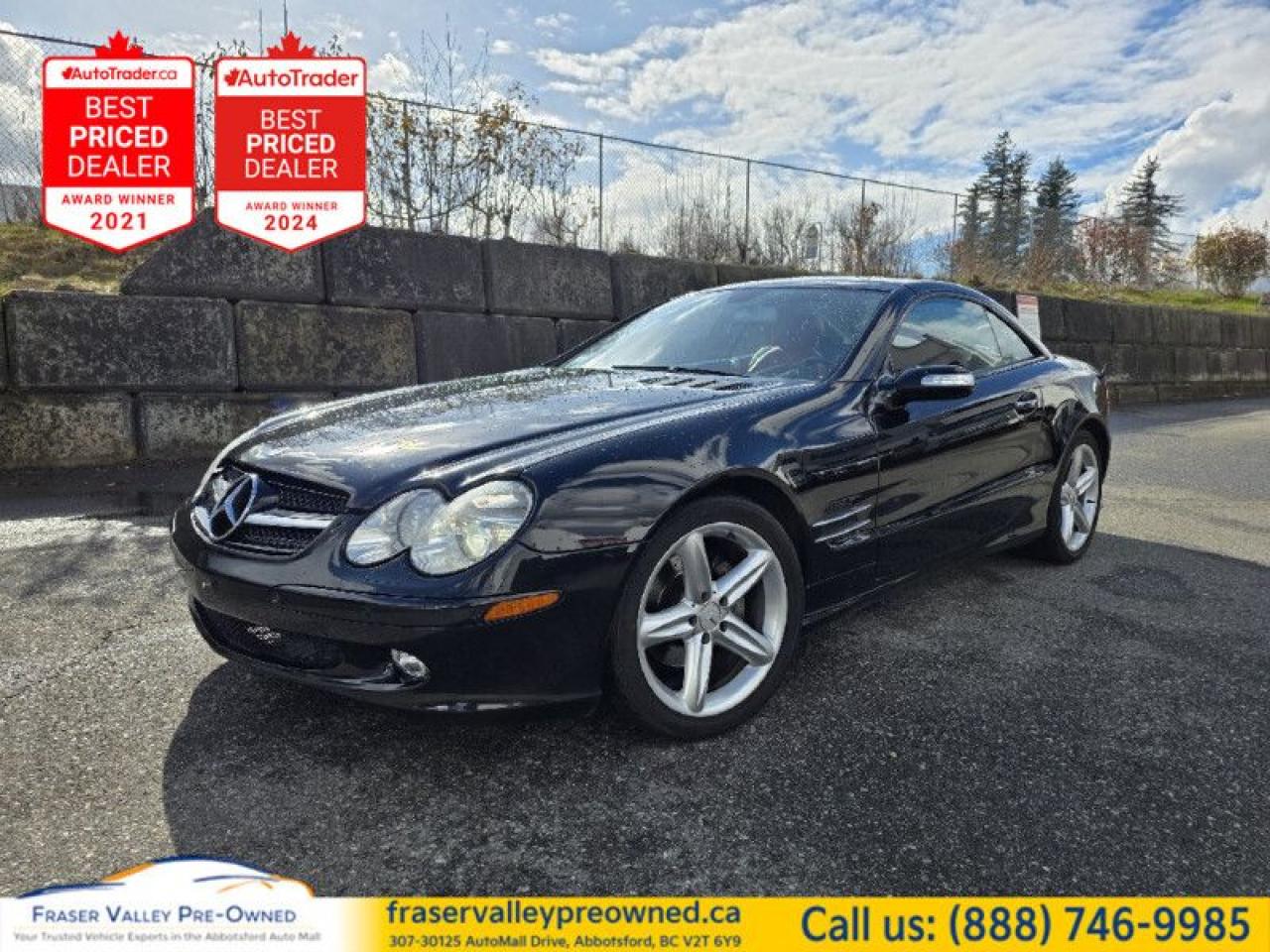 Fraser Valley Pre-Owned is excited to offer this stunning 2006 Mercedes-Benz SL500 Hardtop Convertiblea truly luxurious ride that has been immaculately garage kept. With a very clean history and no accidents or claims, this spoiled local beauty has never had to weather the tough winters of the rest of Canada, making it a rare find.
 
Dressed in a sleek black exterior with elegant Flamenco Red soft leather seats, this car exudes sophistication and style.
 
Key Features Include:
 
Powerful 5.0L V8 Engine for exhilarating performance
Power-Retractable Hardtop for the ultimate convertible experience
Bi-Xenon Headlights for improved visibility and modern styling
Power Adjustable Leather Seats for personalized comfort
High-Quality Audio System for an impressive listening experience
Navigation System to find your way with ease
CD Player for your favorite tunes
Height Adjustable Suspension for enhanced ride quality and adaptability
 
Disclosure: This 2006 Mercedes SL500 was freshly traded in to us and does have a small issue where the retractable hard top sometimes does not go down. We are considering selling this vehicle as-is with a steep discount for our customers or possibly repairing it before retailing with the sunroof functioning properly. The only reason we are contemplating selling as-is is due to the parts potentially taking time to arrive. Aside from this issue, the vehicle is in pristine condition and will come with a full inspection report.
 
Please reach out or come see us for more information about this exceptional Mercedes-Benz SL500!
 
To apply right now for financing use this link : https://www.fraservalleypreowned.ca/abbotsford-car-loan-application-british-columbia
 
 

| Our Quality Guarantee: We maintain the highest standard of quality that is required for a Pre-Owned Dealership to operate in an Auto Mall. We provide an independent 360-degree inspection report through licensed 3rd Party mechanic shops. Thus, our customers can rest assured each vehicle will be a reliable, and responsible purchase.  |  Purchase Disclaimer: Your selected vehicle may have a differing finance and cash prices. When viewing our vehicles on third party  marketplaces, please click over to our website to verify the correct price for the vehicle. The Sale Price on third party websites will always reflect the Finance Price of our vehicles. If you are making a Cash Purchase, please refer to our website for the Cash Price of the vehicle.  | All prices are subject to and do not include, a $995 Finance Fee, and a $995 Document Fee.   These fees as well as taxes, are included in all listed listed payment quotes. Please speak with Dealer for full details and exact numbers.  o~o