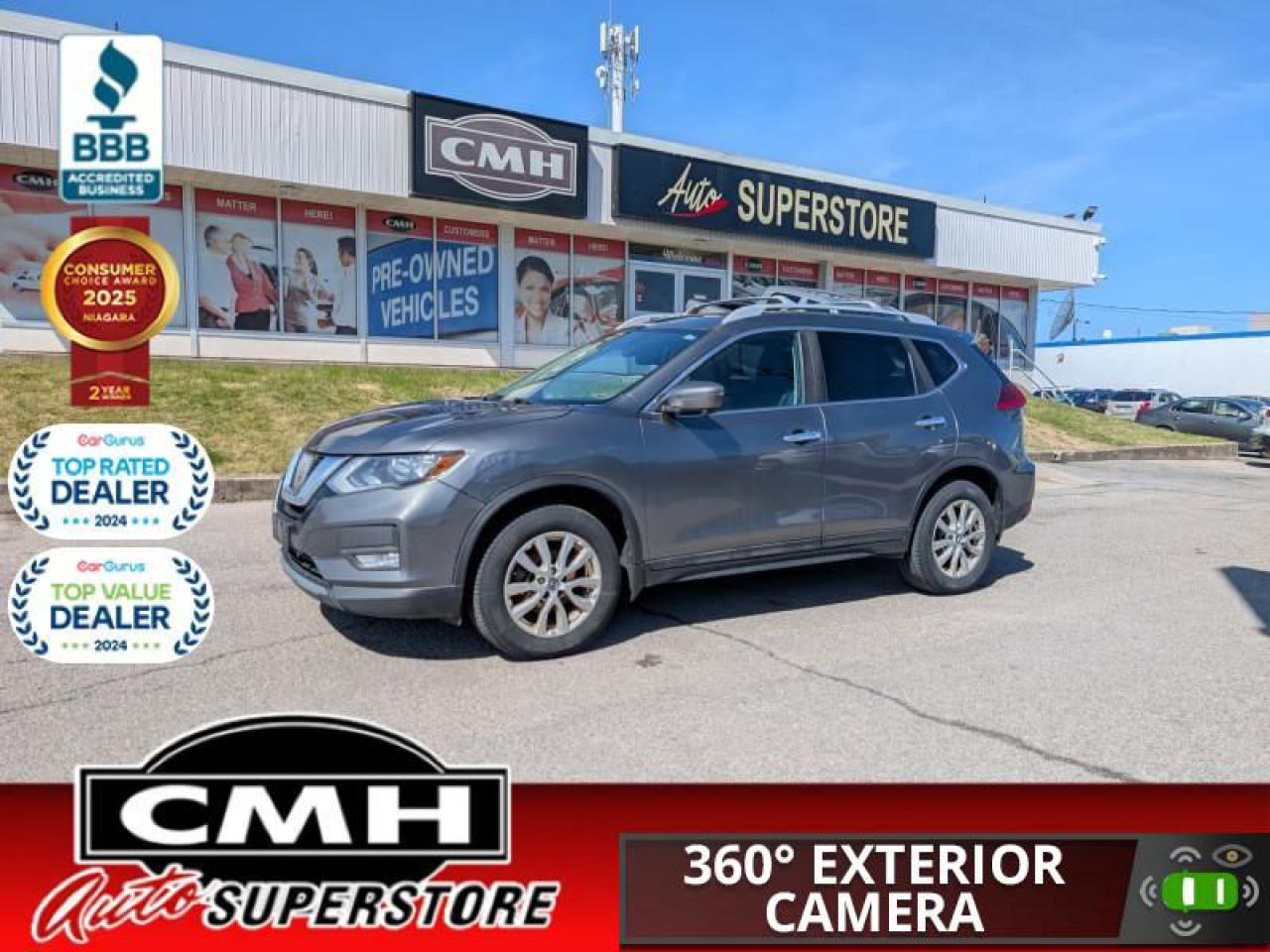 <b>GREAT FEATURES !! AWD !! NAVIGATION, 360 CAMERA, EMERGENCY BRAKING, BLIND SPOT, CROSS TRAFFIC ALERT, BLUETOOTH, PANORAMIC SUNROOF, POWER DRIVER SEAT, HEATED SEATS, HEATED STEERING WHEEL, DUAL CLIMATE CONTROL, POWER LIFTGATE, REMOTE START, 17-IN ALLOYS</b><br>  <br>CMH certifies that all vehicles meet DOUBLE the Ministry standards for Brakes and Tires<br><br> <br>    This  2017 Nissan Rogue is for sale today. <br> <br>Take on a bigger, bolder world. Get there in a compact crossover that brings a stylish look to consistent capability. Load up in a snap with an interior that adapts for adventure. Excellent safety ratings let you enjoy the drive with confidence while great fuel economy lets your adventure go further. Slide into gear and explore a life of possibilities in this Nissan Rogue. It gives you more than you expect and everything you deserve. This  SUV has 152,642 kms. Its  grey in colour  . It has an automatic transmission and is powered by a  170HP 2.5L 4 Cylinder Engine. <br> <br> Our Rogues trim level is SV w/Tech Pkg. The SV trim brings a nice blend of features and value to this Rogue. It comes with Bluetooth hands-free phone system, SiriusXM, a USB port, a rearview camera, remote start, a folding, sliding, reclining second-row bench seat, heated front seats, air conditioning, power windows, power doors, aluminum wheels, fog lights, and more. This vehicle has been upgraded with the following features: Heated Seats,  Rear View Camera,  Remote Start,  Aluminum Wheels,  Siriusxm,  Bluetooth. <br> <br>To apply right now for financing use this link : <a href=https://www.cmhniagara.com/financing/ target=_blank>https://www.cmhniagara.com/financing/</a><br><br> <br/><br>Trade-ins are welcome! Financing available OAC ! Price INCLUDES a valid safety certificate! Price INCLUDES a 60-day limited warranty on all vehicles except classic or vintage cars. CMH is a Full Disclosure dealer with no hidden fees. We are a family-owned and operated business for over 30 years! o~o