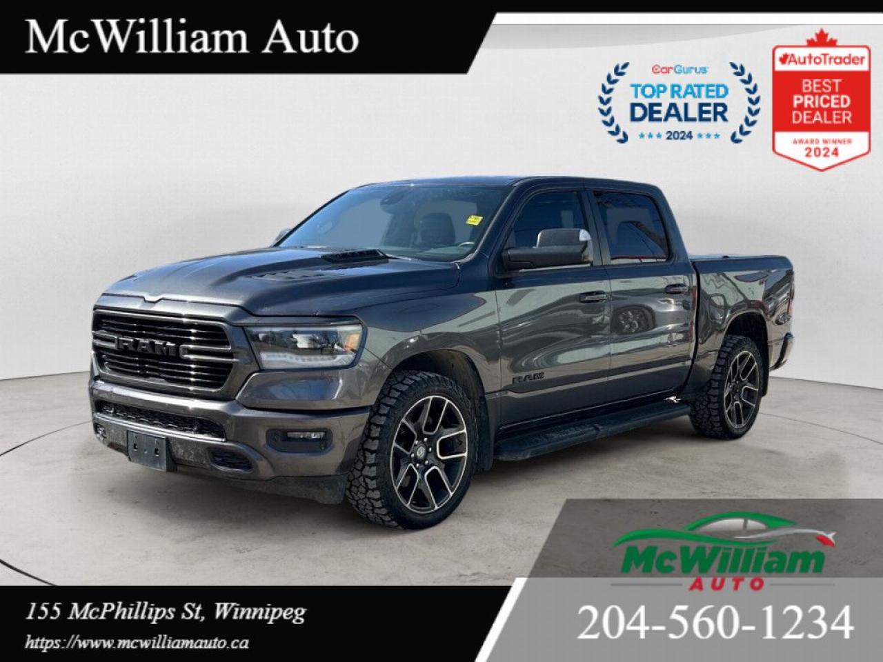 <br>2019 Ram 1500 Sport/Rebel Crew Cab 4x4<br><br>Exterior: Granite Crystal Metallic<br><br>Interior: Black Leather-Faced Seats<br><br> Key Features:<ul><li>Engine: 5.7L HEMI V8 with FuelSaver MDS</li><li><br><br>Transmission: 8-Speed Automatic</li><li><br><br>Tech: Uconnect 4C NAV with 8.4in. Touchscreen, Apple CarPlay, Android Auto, GPS Navigation</li><li><br><br>Comfort: Ventilated & Heated Front Seats, Heated Steering Wheel, Dual-Zone A/C</li><li><br><br>Safety: Blind-Spot Detection, Cross-Path Detection, ParkSense Front & Rear Park Assist, Rearview Camera</li><li><br><br>Towing: Trailer Tow Group, Class IV Hitch, Trailer Brake Control</li><li><br><br>Extras: Remote Start, Keyless Entry, Spray-In Bed liner, 22in. Polished Aluminum Wheels, Hard top bed cover, Brand new All-terrain tires</li></ul><br><br> <br><br>Why Youll Love It:<br>This 2019 Ram 1500 combines rugged capability with premium comfort. From its powerful HEMI V8 engine to its advanced tech features like Uconnect 4C NAV and Apple CarPlay, this truck is built for both work and play. The Granite Crystal Metallic exterior and black leather interior give it a sleek, modern look, while features like ventilated seats, a heated steering wheel, and dual-zone A/C ensure every drive is comfortable.<br><br>With towing-ready features like the Trailer Tow Group and Class IV Hitch, plus added convenience with remote start and keyless entry, this Ram 1500 is ready for anything.<br><br> <br><br>Dont Miss Out!<br>This truck is loaded with options and ready to roll. Contact us today to schedule a test drive or learn more!<br><br> <br><br>We also offer the best priced Premium warranties and seamless onsite financing here to improve your buying experience. Our Finance manager is the best in the Business! working quickly and diligently to secure you affordable financing is our specialty. Give us a call and get pre approved today!<br><br>DEALER PERMIT #4611<br><br>Call today: 204-560-1234<br><br>Visit us TODAY at 155 McPhillips St, Winnipeg, MB <br><br>Website: www.mcwiliamauto.ca<br><br>Email: winnipegcar@gmail.com<br><br>Click here to get pre approved:<br><br>https://www.mcwilliamauto.ca/car-loan-application/<br><br> <br><br> IMPORTANT DISCLAIMER : This vehicle is a used vehicle, all the features and information may not be accurate from the descriptions above, please check the actual vehicle for the actual information.