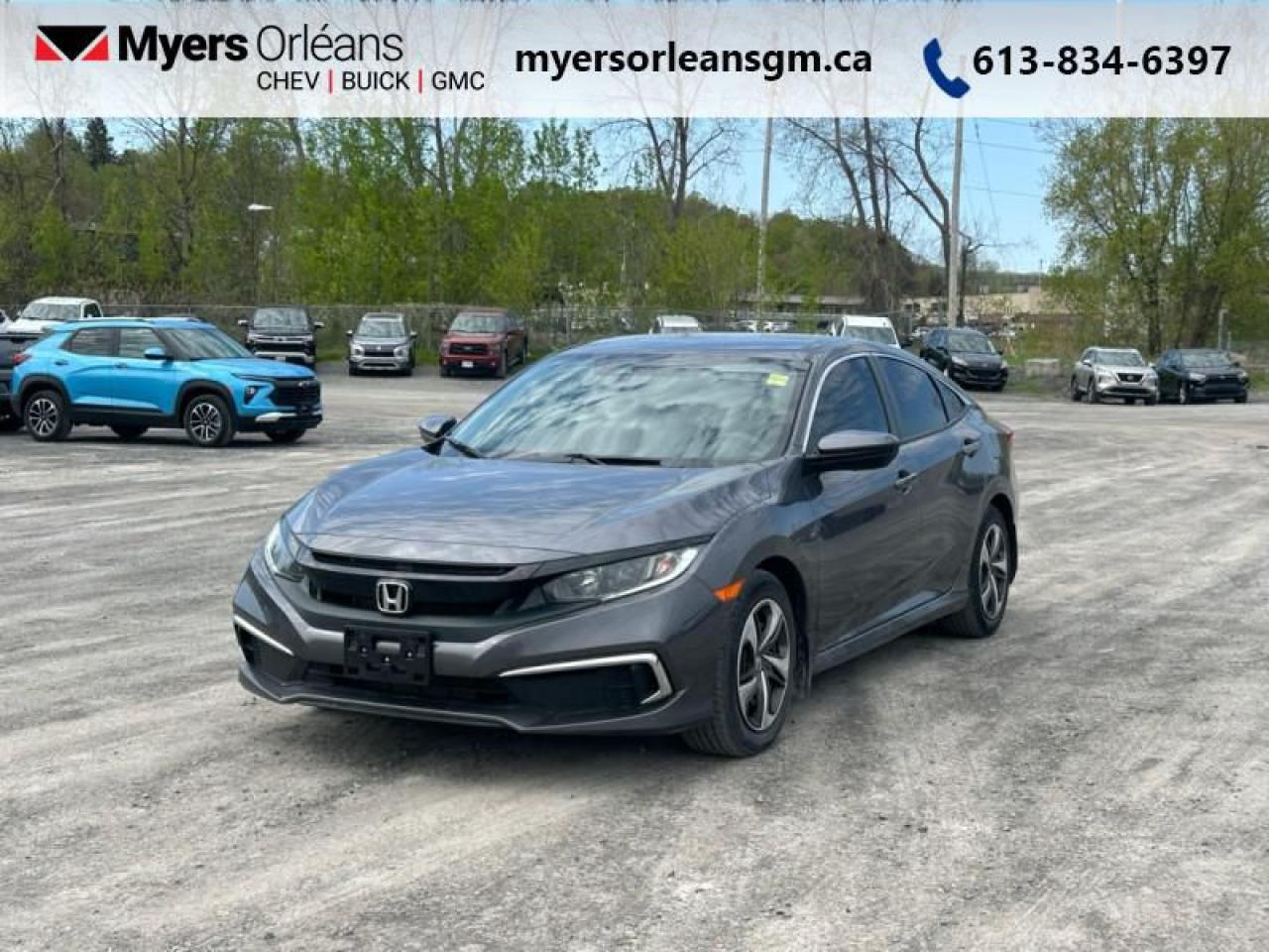 <b>Heated Seats, Apple CarPlay, Android Auto, Lane Keep Assist, Collision Mitigation, Siri EyesFree, Remote Keyless Entry, Adaptive Cruise</b><br> <br>    The confident styling and impressive performance of this 2020 Honda Civic solidifies its sports car inspired evolution. This  2020 Honda Civic Sedan is for sale today in Orleans. <br> <br>With harmonious power, excellent handling capability, plus its engaging driving dynamic, this 2020 Honda Civic is a highly compelling choice in the eco-friendly compact car segment. Regardless of your style preference or driving habits, this impressive Honda Civic will perfectly suit your wants and needs. The Civic offers the right amount of cargo space, an aggressive exterior design with sporty and sleek body lines, plus a comfortable and ergonomic interior layout that works well with all family sizes. This Civic easily makes a bold statement without saying a word! This  sedan has 60,656 kms. Its  grey in colour  and is completely accident free based on the <a href=https://vhr.carfax.ca/?id=Evde0TmYxJic9YVU08ReRZhGfSBgkHQX target=_blank>CARFAX Report</a> . It has an automatic transmission and is powered by a  158HP 2.0L 4 Cylinder Engine.  It may have some remaining factory warranty, please check with dealer for details. <br> <br> Our Civic Sedans trim level is LX CVT. This LX Civic still packs a lot of features for an incredible value with driver assistance technology like collision mitigation with forward collision warning, lane keep assist with road departure mitigation, adaptive cruise control, straight driving assist for slopes, and automatic highbeams you normally only expect with a higher price. The interior is as comfy and advanced as you need with heated front seats, remote keyless entry, Apple CarPlay, Android Auto, Bluetooth, Siri EyesFree, WiFi tethering, steering wheel with cruise and audio controls, multi-angle rearview camera, 7 inch driver information display, and automatic climate control. The exterior has some great style with a refreshed grille, independent suspension, heated power side mirrors, and LED taillamps.<br> <br>To apply right now for financing use this link : <a href=https://www.myersorleansgm.ca/FinancePreQualForm target=_blank>https://www.myersorleansgm.ca/FinancePreQualForm</a><br><br> <br/><br> Buy this vehicle now for the lowest bi-weekly payment of <b>$169.31</b> with $0 down for 84 months @ 9.99% APR O.A.C. ( Plus applicable taxes -  Plus applicable fees   ).  See dealer for details. <br> <br>*MYERS LIFETIME ENGINE AND TRANSMISSION COVERAGE CERTIFICATE NOT AVAILABLE ON VEHICLES WITH KMS EXCEEDING 140,000KM, VEHICLES 8 YEARS & OLDER, OR HIGHLINE BRAND VEHICLE(eg. BMW, INFINITI. CADILLAC, LEXUS...)<br> Come by and check out our fleet of 90+ used cars and trucks and 140+ new cars and trucks for sale in Orleans.  o~o