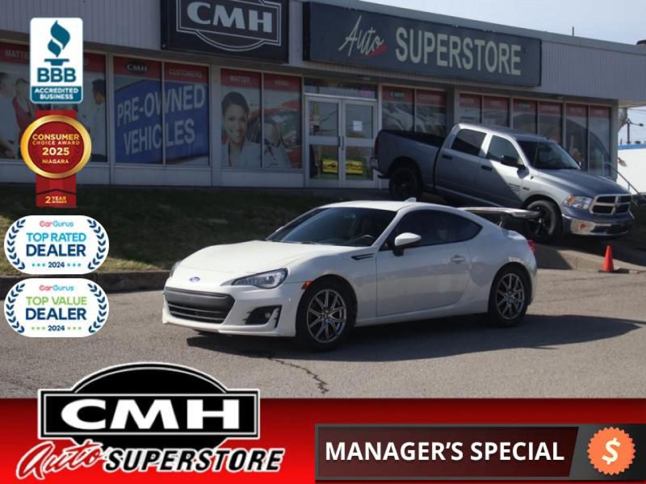 <b>GREAT LOOKING COUPE !! 6 SPEED MANUAL TRANSMISSION !! NAVIGATION, REAR CAMERA, BLUETOOTH, AUXILIARY PORT, USB PORT, STEERING WHEEL CONTROLS, CRUISE CONTROL, HEATED FRONT SEATS, DUAL CLIMATE CONTROL, AFTERMARKET SPOILER, 17-INCH AFTERMARKET ALLOYS</b><br>  <br>CMH certifies that all vehicles meet DOUBLE the Ministry standards for Brakes and Tires<br><br> <br>    This  2017 Subaru BRZ is for sale today. <br> <br>Stripped of all but what is necessary for driving enjoyment, this Subaru BRZ is a symbol of sports car purity. Its a sports coupe built for no other reason than to magnify the joy of driving for all who get behind the wheel. A performer at heart, this BRZ uses rear-wheel drive and a low-profile, compact boxer engine to its advantage for divine cornering and balanced handling that thrills at any speed. The driver-centric interior is completely focused on on the drivers connection to the road. Welcome to driving paradise. This  coupe has 138,130 kms. Its  white in colour  . It has a manual transmission and is powered by a  205HP 2.0L 4 Cylinder Engine. <br> <br> Our BRZs trim level is Sport-tech. The 2017 Subaru BRZ reminds you of everything you love about driving: the engine pushing you into the back of the seat, the confident feeling of the brakes and the connection with the steering wheel as you guide the car through the turns. This Sport Tech BRZ comes standard with a performance-tuned suspension, a proximity key with push button start, heated front sport seats featuring anthracite black leather with black alcantara and red stitching, low-profile rear spoiler, a multimedia system with GPS navigation, SiriusXM, rear view camera, halogen fog lights and automatic dual-zone climate control.  This vehicle has been upgraded with the following features: Navigation,  Leather Seats,  Bluetooth,  Heated Seats,  Rear View Camera. <br> <br>To apply right now for financing use this link : <a href=https://www.cmhniagara.com/financing/ target=_blank>https://www.cmhniagara.com/financing/</a><br><br> <br/><br>Trade-ins are welcome! Financing available OAC ! Price INCLUDES a valid safety certificate! Price INCLUDES a 60-day limited warranty on all vehicles except classic or vintage cars. CMH is a Full Disclosure dealer with no hidden fees. We are a family-owned and operated business for over 30 years! o~o