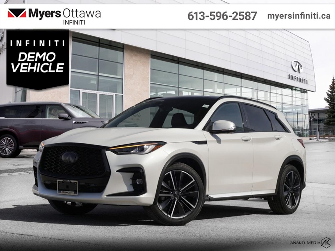 <b>Low Mileage!</b><br> <br>  Compare at $62973 - Our Price is just $44973! <br> <br>With luxury reimagined and style reinvented, this 2025 Infiniti QX50 is refined for those who demand more. This 2025 INFINITI QX50 is for sale today in Ottawa.<br> <br>With stylish exterior looks and an upscale interior, this Infiniti QX50 rubs shoulders with the best luxury crossovers in the segment. Focusing on engaging on-road dynamics with dazzling styling, the QX50 is a fantastic option for those in pursuit of cutting-edge refinement. The interior exudes unpretentious luxury, with a suite of smart tech that ensures youre always connected and safe when on the road.<br> <br>This low mileage SUV has just 9,456 km. Its Radiant Wht Prl in colour. It has an Automatic transmission and is powered by a 268HP 2.0L 4 Cylinder Engine. <br> <br> Our QX50s trim level is SPORT.<br> <br>To apply right now for financing use this link: <a href=https://www.myersinfiniti.ca/finance/ target=_blank>https://www.myersinfiniti.ca/finance/</a><br> <br/><br>*LIFETIME ENGINE TRANSMISSION WARRANTY NOT AVAILABLE ON VEHICLES WITH KMS EXCEEDING 140,000KM, VEHICLES 8 YEARS & OLDER, OR HIGHLINE BRAND VEHICLE(eg. BMW, INFINITI. CADILLAC, LEXUS...)<br> Come by and check out our fleet of 50+ used cars and trucks and 60+ new cars and trucks for sale in Ottawa.  o~o