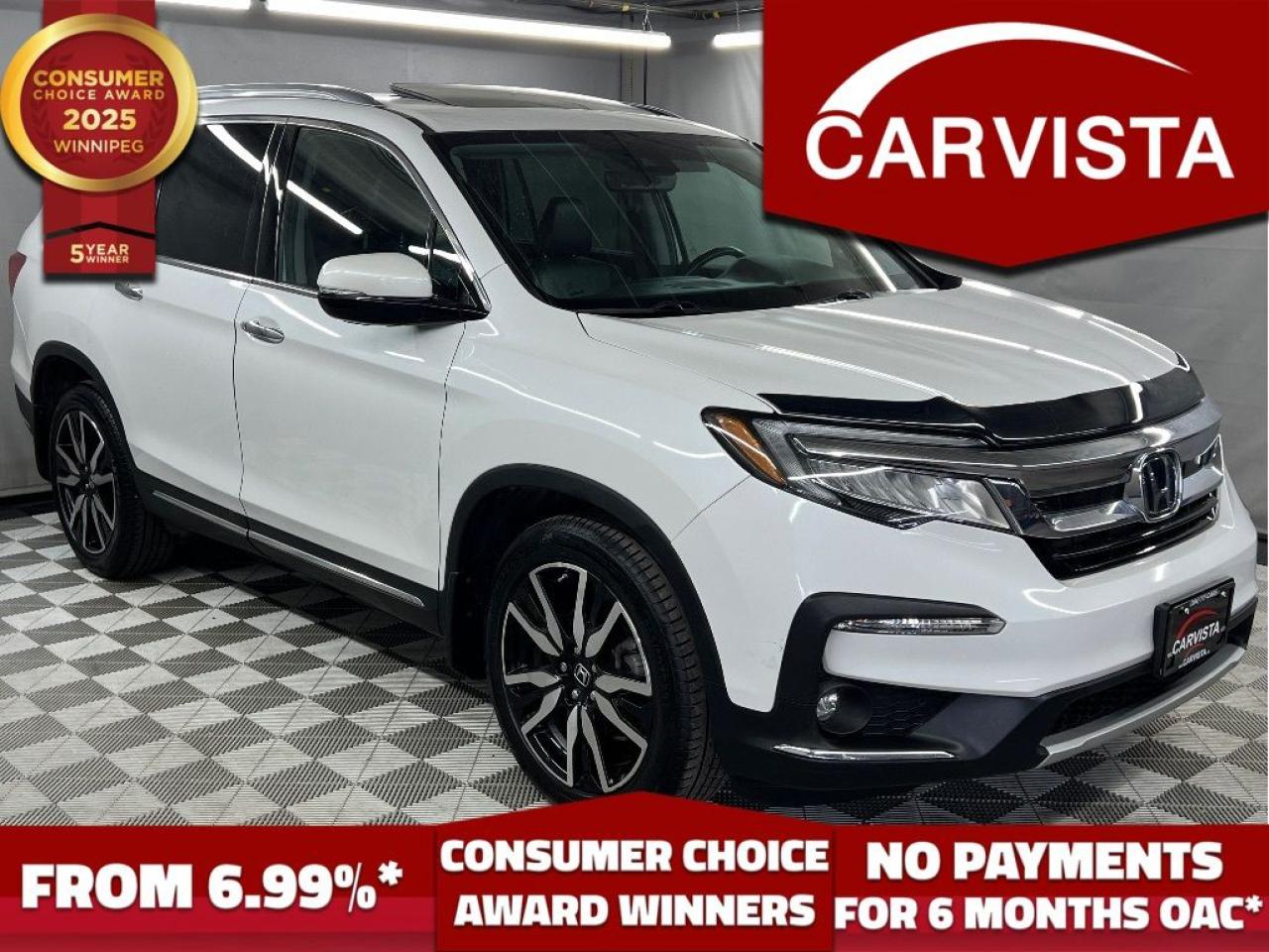 CONSECUTIVE COMSUMER CHOICE AWARD WINNERS FOR OUTSTANDING BUSINESS! LOW DEALER FINANCING RATES*, NO PAYMENTS FOR 6 MONTHS*!   

LEATHER HEATED SEATS/STEERING WHEEL,  VENTILATED SEATS, SUNROOF, LANE ASSIST, FRONT CRASH DETECTION, PARKING SENSORS, ADAPTIVE CRUISE CONTROL, NAVIGATION, REVERSE CAMERA, DVD ENTERTAINMENT, MIDDLE ROW HEATED SEATS, REAR TEMP CONTROLS, REMOTE START, POWER LIFTGATE, NO ACCIDENTS, 1 OWNER

This 2021 Honda Pilot Touring 8 Passenger AWD is a premium, family friendly SUV that delivers comfort, versatility, and advanced technology in a refined package. With just one previous owner and no history of accidents, it has been well cared for and remains in excellent condition, ready to meet the needs of its next driver.

Powered by a strong and responsive V6 engine paired with Hondas advanced all wheel drive system, this Pilot offers confident performance and stability in a variety of driving conditions. The Touring trim elevates the experience with a host of upscale features, including leather trimmed seats, a hands free power tailgate, heated and ventilated front seats, heated second row seats, and a sunroof that brings natural light into all three rows.

Inside, the spacious cabin comfortably accommodates up to eight passengers with flexible seating and generous cargo capacity. An intuitive infotainment system with built in navigation, Apple CarPlay, Android Auto, rear seat entertainment, and a premium audio system ensures everyone stays connected and entertained on the road.

Safety is a standout with Honda Sensing technologies, including adaptive cruise control, lane keeping assist, blind spot monitoring, and collision mitigation braking. With a clean ownership history and top tier Touring features, this 2021 Pilot is an ideal choice for families seeking space, reliability, and comfort in a well-appointed SUV.

5 years running, consecutive receivers of the prestigious Consumer Choice Award in 2021, 2022, 2023, 2024 and 2025! Low rate dealer arranged financing available! 
At Carvista we offer a unique buying experience, with no deceiving finance gimmicks and trades are welcome but not required! Carvista is a family operated business that has been in business for over 25 years, and has earned a A+ BBB Accreditation and outstanding consumer accolades. Offering 175 quality pre-owned vehicles, all are certified and Carfax verified, most with remaining factory warranty and a modern facility located on Winnipegs Regent Ave strip. We welcome you to visit us at 1201 Regent Ave W, at Carvista, and drive away in a like new vehicle for less. In many cases we can offer no payments for 6 months! Dont let your trade or credit stop you, we accept any kind, any time. CARVISTA.CA, "Where the deals are".
 Prices and payments exclude GST OR PST Carvista Inc. 
Dealer Permit # 1211, Category: Used Vehicle 
Please verify all ad details with a Carvista sales person, vehicle may not be exactly as shown.