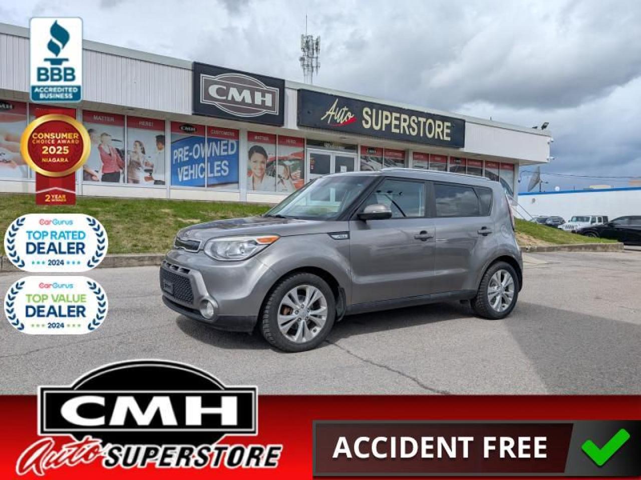 <b>NO ACCIDENTS !! GREAT SERVICE HISTORY !! REAR CAMERA, BLUETOOTH, AUXILIARY PORT, USB PORT, STEERING WHEEL CONTROLS, CRUISE CONTROL, HEATED FRONT SEATS, POWER WINDOWS, POWER LOCKS, POWER MIRRORS, AIR CONDITIONING, 17-INCH ALLOY WHEELS </b><br>  <br>CMH certifies that all vehicles meet DOUBLE the Ministry standards for Brakes and Tires<br><br> <br>    This  2016 Kia Soul is for sale today. <br> <br>With the 2016 Kia Souls tiny parking footprint, its very easy to maneuver in tight spaces, yet it still offers impressive interior space thanks to the boxy design. Adults fit comfortably in the back seat, which isnt always the case with most other vehicles this size. Safety features also get a boost in the new Soul as well. The stronger overall structure of the Soul has already been proven with Insurance Institute for Highway Safety (IIHS) as a Top Safety Pick, plus a federal 5-star overall safety rating.This  wagon has 216,885 kms. Its  gold in colour  and is completely accident free based on the <a href=https://vhr.carfax.ca/?id=vkmvKxavL9sJZfo3yxxZx5QON0+WmZur target=_blank>CARFAX Report</a> . It has an automatic transmission and is powered by a  164HP 2.0L 4 Cylinder Engine. <br> <br> Our Souls trim level is EX. Upgrade to this Soul EX for some nice extra features and a great value. It comes with Bluetooth hands-free technology, an AM/FM CD player with SiriusXM, an aux jack, and six-speaker audio, steering wheel audio control, air conditioning, cruise control, heated front seats, aluminum wheels, fog lights, and more. This vehicle has been upgraded with the following features: Bluetooth,  Heated Seats,  Siriusxm,  Aluminum Wheels,  Fog Lights,  Steering Wheel Audio Control. <br> <br>To apply right now for financing use this link : <a href=https://www.cmhniagara.com/financing/ target=_blank>https://www.cmhniagara.com/financing/</a><br><br> <br/><br>Trade-ins are welcome! Financing available OAC ! Price INCLUDES a valid safety certificate! Price INCLUDES a 60-day limited warranty on all vehicles except classic or vintage cars. CMH is a Full Disclosure dealer with no hidden fees. We are a family-owned and operated business for over 30 years! o~o
