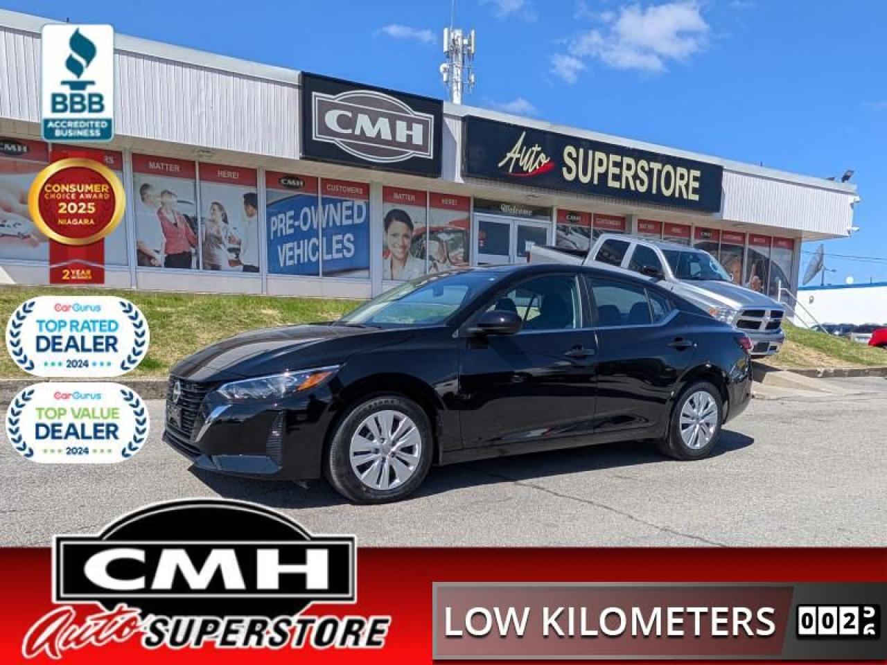 <b>ONLY 9,000 KMS !! NO ACCIDENTS !! REAR CAMERA, PARKING SENSORS, EMERGENCY BRAKING, LANE ASSIST, BLIND SPOT, SPEED LIMIT SIGN RECOGNITION, APPLE CARPLAY, ANDROID AUTO, STEERING WHEEL CONTROLS, CRUISE CONTROL, HEATED SEATS, 16-N STEEL WHEELS W/PLASTIC CAPS</b><br>  <br>CMH certifies that all vehicles meet DOUBLE the Ministry standards for Brakes and Tires<br><br> <br>    This  2024 Nissan Sentra is for sale today. <br> <br>More excitement for the same fuel efficiency was achieved through intelligent design in this 2024 Sentra. Offering an interior you expect from the luxury vehicle, this compact car is packed with power and excitement from the beautiful lights to the stunning spoiler. All the impressive looks blend seamlessly with the upscale interior, making this Sentra an instant classic.This low mileage  sedan has just 8,559 kms. Its  black in colour  and is completely accident free based on the <a href=https://vhr.carfax.ca/?id=TriY3zIyIYm1pCUenmO9MBxGeUtZmD1W target=_blank>CARFAX Report</a> . It has an automatic transmission and is powered by a  149HP 2.0L 4 Cylinder Engine. <br> <br> Our Sentras trim level is S Plus. This sleek and stylish sedan comes with amazing standard features such as heated front seats, air conditioning, push button start, front and rear cupholders, and a 7-inch infotainment touchscreen with Apple CarPlay, Android Auto, Siri Eyes Free, and Google Assistant. Safety features also include blind spot detection, intelligent emergency braking, lane departure warning, forward and rear collision mitigation, driver monitoring alert, and a rearview camera. This vehicle has been upgraded with the following features: Heated Seats,  Apple Carplay,  Android Auto,  Blind Spot Detection,  Lane Departure Warning,  Front Pedestrian Braking,  Forward Collision Alert. <br> <br>To apply right now for financing use this link : <a href=https://www.cmhniagara.com/financing/ target=_blank>https://www.cmhniagara.com/financing/</a><br><br> <br/><br>Trade-ins are welcome! Financing available OAC ! Price INCLUDES a valid safety certificate! Price INCLUDES a 60-day limited warranty on all vehicles except classic or vintage cars. CMH is a Full Disclosure dealer with no hidden fees. We are a family-owned and operated business for over 30 years! o~o