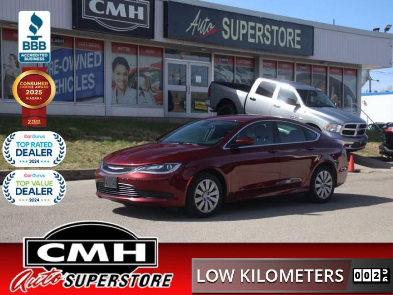 <b>ONLY 75,000 KMS !! STEERING WHEEL CONTROLS, CRUISE CONTROL, AUXILIARY PORT, USB PORT, POWER WINDOWS, POWER LOCKS, POWER MIRRORS, AIR CONDITIONING, PROXIMITY KEY, BUTTON START, 17-INCH STEEL WHEELS W/PLASTIC COVERS</b><br>  <br>CMH certifies that all vehicles meet DOUBLE the Ministry standards for Brakes and Tires<br><br> <br>    This  2016 Chrysler 200 is for sale today. <br> <br>The Chrysler 200 is a prodigy of style and agility, increasing its drivers freedom to travel confidently. This is where the everyday commuter meets weekend getaway for the perfect balance of premium design, power, fuel efficiency and driving dynamics. The sleek exterior offers an athletic stance with a lively engine thats both responsive and efficient. Get a superior driving experience and an exceptional value with this Chrysler 200. This low mileage  sedan has just 74,861 kms. Its  red in colour  . It has an automatic transmission and is powered by a  184HP 2.4L 4 Cylinder Engine. <br> <br> Our 200s trim level is LX. Experience luxury, stunning performance and world-class design with standard Keyless Enter n Go and an advanced 2.4L Tigershark MultiAir inline 4 cylinder engine. Additional feature on this LX include 17 inch wheels, power 1st row windows, cruise control, an engine auto stop-start feature, steering wheel audio controls, cloth seats, air conditioning and an advanced stability control system.  This vehicle has been upgraded with the following features: Keyless Entry,  Cruise Control,  A/c,  Steering Wheel Audio Controls. <br> To view the original window sticker for this vehicle view this <a href=http://www.chrysler.com/hostd/windowsticker/getWindowStickerPdf.do?vin=1C3CCCFB4GN142769 target=_blank>http://www.chrysler.com/hostd/windowsticker/getWindowStickerPdf.do?vin=1C3CCCFB4GN142769</a>. <br/><br> <br>To apply right now for financing use this link : <a href=https://www.cmhniagara.com/financing/ target=_blank>https://www.cmhniagara.com/financing/</a><br><br> <br/><br>Trade-ins are welcome! Financing available OAC ! Price INCLUDES a valid safety certificate! Price INCLUDES a 60-day limited warranty on all vehicles except classic or vintage cars. CMH is a Full Disclosure dealer with no hidden fees. We are a family-owned and operated business for over 30 years! o~o