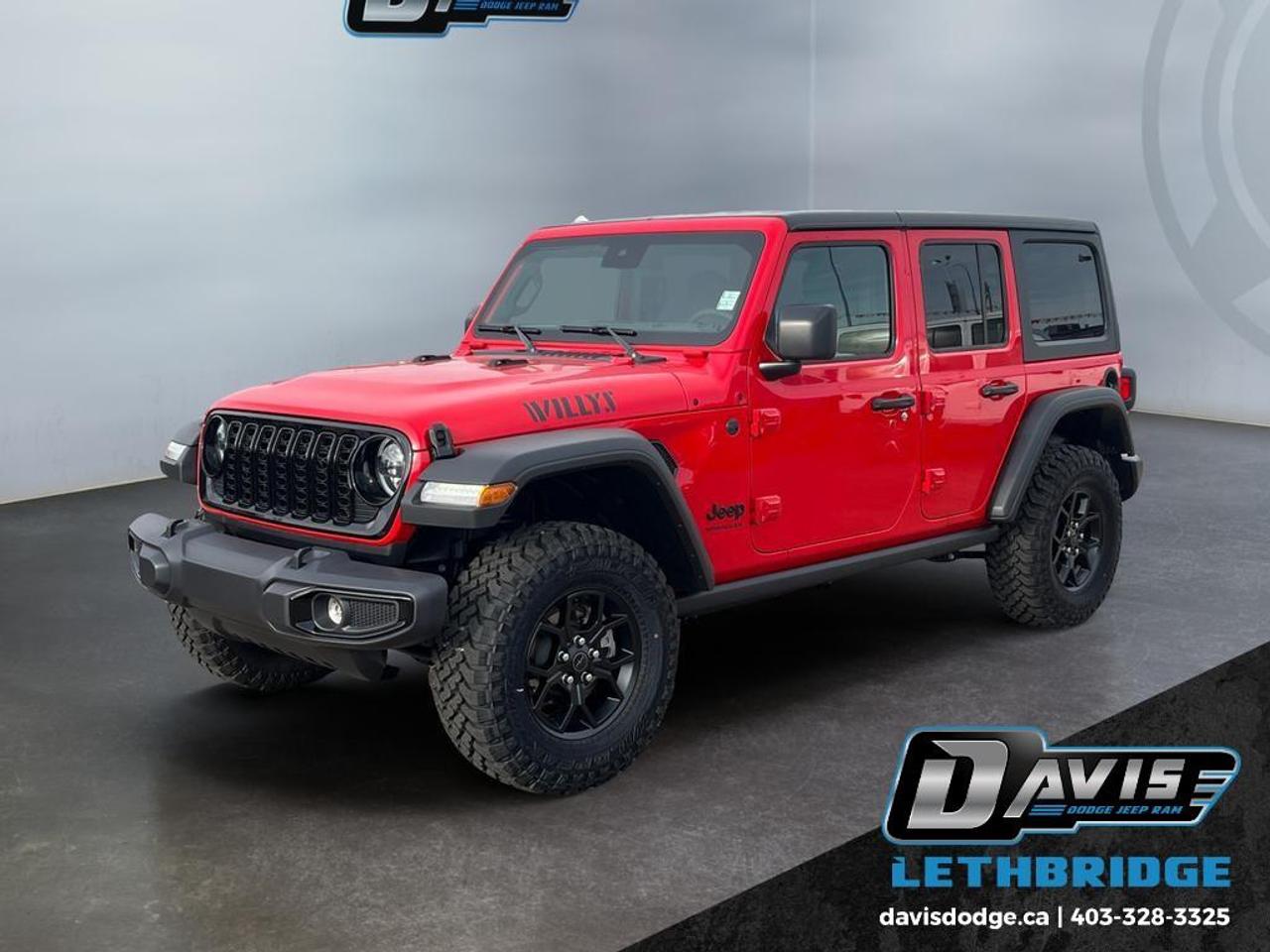 <b>Rock Rails, All Weather Floor Mats, Adaptive Cruise, LED Lights!<br /> <br /></b><br /> The 2025 Jeep Wrangler Willys 4x4 is built for drivers who want legendary off-road capability without sacrificing modern comfort and technology. Equipped with a 3.6L V6 engine and smooth-shifting 8-speed automatic transmission, this Wrangler delivers reliable power for both city driving and rugged terrain. Its Command-Trac® 4x4 system, heavy-duty Dana axles, 4.10 rear axle ratio, and locking rear differential ensure exceptional traction and control in challenging conditions, making it a true trail-ready SUV.<br /><br />Finished in striking Firecracker Red with bold black accents, this Willys stands out with 17-inch black aluminum wheels, aggressive Falken mud-terrain tires, and a durable black 3-piece hardtop. Off-road enhancements like the Willys suspension, Off-Road Plus mode, skid plates, and rock protection rails reinforce its Trail Rated capability, while practical features such as tow hooks, a full-size spare tire, and a Class II hitch add versatility for work or adventure.<br /><br />Inside, the Wrangler Willys offers a refined and connected cabin featuring a 12.3-inch Uconnect® 5 touchscreen with Apple CarPlay and Android Auto, Bluetooth hands-free connectivity, and an 8-speaker audio system. Comfort and convenience are enhanced with air conditioning, push-button start, remote keyless entry, and all-weather floor mats. Advanced safety technologies including Adaptive Cruise Control, Forward Collision Warning Plus, ParkView® rear backup camera, and multiple airbags provide added confidence on every drive.<br /> <br />To apply right now for financing use this link: <a href=https://lethbridge.davisdodge.ca/free-credit-check/ target=_blank rel=nofollow noopener noreferrer>https://lethbridge.davisdodge.ca/free-credit-check/</a><br /><br /> <br /><br />Locally Owned & Trusted for Over 35 Years  Davis Dodge in Lethbridge, AB <br /><br /> At Davis Dodge, weve proudly served the Lethbridge community for more than 35 years, offering an unparalleled car buying experience. Dont just take our word for itour Google reviews speak volumes about our commitment to exceptional service. <br /><br /> Delivery & At-Home Test Drives: Convenient options to suit your lifestyle. <br /><br /> Flexible Financing for Everyone: Get the vehicle you need with financing solutions tailored to your situation. <br /><br /> Full Mechanical Inspections & Professional Cleaning: Every vehicle is thoroughly inspected and cleaned before it hits our lot.<br /><br /> We take all makes and models on trade and offer competitive pricing with inventory that changes daily. Whether you're shopping for a Chrysler, Dodge, Jeep, RAM, or FIAT, our AMVIC Licensed dealership makes it easy to browse, buy, and drive away.<br /><br /> Located in Lethbridge, AB, we proudly serve customers in Fort Macleod, Taber, Claresholm, and Coaldale. Shop online or visit us today to experience the best in sales, service, and selection. Standard bank rates apply; taxes are additional.<br /><br /> Vehicle pricing offer shown expires 2026-05-31. <br /> Come by and check out our fleet of 70+ used cars and trucks and 110+ new cars and trucks for sale in Lethbridge. o~o
