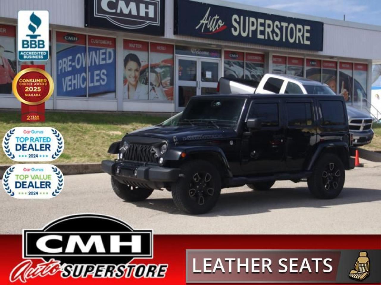<b>SMOKEY MOUNTAIN EDITION !! AUTO 4X4 !! NAVIGATION, REAR CAMERA, BLUETOOTH, AUXILIARY PORT, USB PORT, STEERING WHEEL CONTROLS, CRUISE CONTROL, LEATHER SEATS, HEATED FRONT SEATS, REMOTE START, POWER GROUP, AIR CONDITIONING, 18-INCH ALLOY WHEELS</b><br>  <br>CMH certifies that all vehicles meet DOUBLE the Ministry standards for Brakes and Tires<br><br> <br>    This  2017 Jeep Wrangler Unlimited is for sale today. <br> <br>Iconic design has always been part of the Jeep family, and its never more obvious than with the 2017 Jeep Wrangler Unlimited. This four-door model offers exceptional capability with its Trail Rated status while providing the basic comforts that even hardcore adventurers want. No matter where you want to go, you can rely on this SUV to get you there.This  SUV has 104,900 kms. Its  black in colour  . It has an automatic transmission and is powered by a  285HP 3.6L V6 Cylinder Engine. <br> <br> Our Wrangler Unlimiteds trim level is Unlimited Sahara Smokey Mountain. The 2017 Jeep Wrangler Unlimited Sahara offers classic styling and focuses on functional design with a heavy duty suspension, aluminum wheels, side steps, body-color fender flares plus black heated power mirrors. Additional features include Bluetooth, SiriusXM, a leather-wrapped steering wheel, air conditioning, cruise control and much more.<br> To view the original window sticker for this vehicle view this <a href=http://www.chrysler.com/hostd/windowsticker/getWindowStickerPdf.do?vin=1C4BJWEG9HL660417 target=_blank>http://www.chrysler.com/hostd/windowsticker/getWindowStickerPdf.do?vin=1C4BJWEG9HL660417</a>. <br/><br> <br>To apply right now for financing use this link : <a href=https://www.cmhniagara.com/financing/ target=_blank>https://www.cmhniagara.com/financing/</a><br><br> <br/><br>Trade-ins are welcome! Financing available OAC ! Price INCLUDES a valid safety certificate! Price INCLUDES a 60-day limited warranty on all vehicles except classic or vintage cars. CMH is a Full Disclosure dealer with no hidden fees. We are a family-owned and operated business for over 30 years! o~o