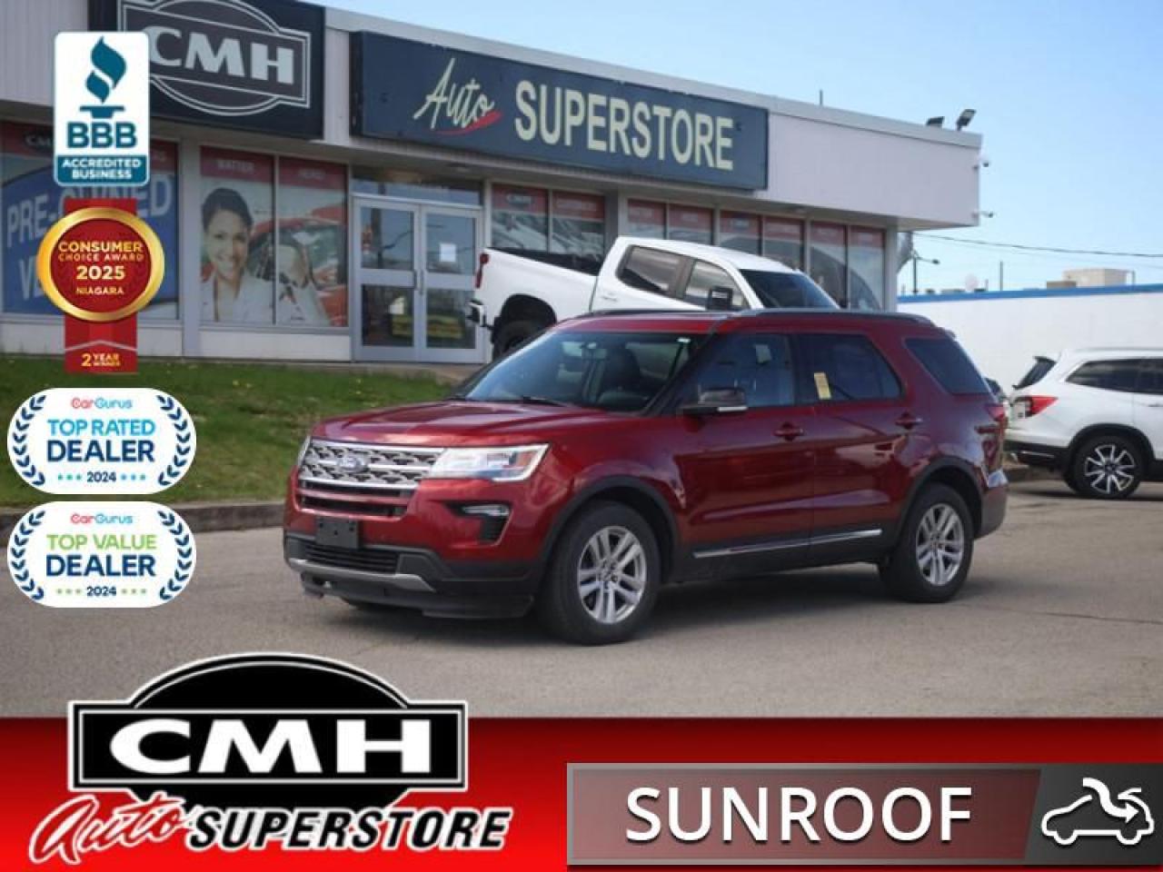 <b>NICELY EQUIPPED !! 4WD !! NAVIGATION, REAR CAMERA, PARKING SENSORS, APPLE CARPLAY, ANDROID AUTO, DUAL SUNROOF, LEATHER, POWER SEATS, HEATED SEATS, DUAL CLIMATE CONTROL, POWER LIFTGATE, 7 PASSENGER, REMOTE START, HOME REMOTES, 18-INCH ALLOY WHEELS</b><br>  <br>CMH certifies that all vehicles meet DOUBLE the Ministry standards for Brakes and Tires<br><br> <br>    This  2018 Ford Explorer is for sale today. <br> <br>This Ford Explorer is the ultimate exploration vehicle with plenty of style and space for all of your passengers and cargo. It has the hauling capabilities of a midsize SUV combined with strong off-road capabilities. Whether your next family adventure is to the grocery store or over a high mountain pass, the Ford Explorer was built to get you there with ease.This  SUV has 142,938 kms. Its  ruby red tinted clearcoat in colour  and is major accident free based on the <a href=https://vhr.carfax.ca/?id=YvWh5UTcI09ZH4i+iobTIVQoH9yW1GJ+ target=_blank>CARFAX Report</a> . It has an automatic transmission and is powered by a   3.5L V6 Cylinder Engine. <br> <br> Our Explorers trim level is XLT. This Ford Explorer XLT is an excellent blend of features and value. It comes standard with SYNC 3 with an 8-inch color touchscreen, Bluetooth connectivity, Android Auto, Apple CarPlay, a USB port, SiriusXM, dual-zone automatic climate control, a rearview camera, front and rear parking sensors, steering wheel audio and cruise control, aluminum wheels, fog lamps, and more. This vehicle has been upgraded with the following features: Rear View Camera,  Bluetooth,  Air Conditioning,  Aluminum Wheels,  Sync,  Siriusxm,  Fog Lights. <br> To view the original window sticker for this vehicle view this <a href=http://www.windowsticker.forddirect.com/windowsticker.pdf?vin=1FM5K8D8XJGB48675 target=_blank>http://www.windowsticker.forddirect.com/windowsticker.pdf?vin=1FM5K8D8XJGB48675</a>. <br/><br> <br>To apply right now for financing use this link : <a href=https://www.cmhniagara.com/financing/ target=_blank>https://www.cmhniagara.com/financing/</a><br><br> <br/><br>Trade-ins are welcome! Financing available OAC ! Price INCLUDES a valid safety certificate! Price INCLUDES a 60-day limited warranty on all vehicles except classic or vintage cars. CMH is a Full Disclosure dealer with no hidden fees. We are a family-owned and operated business for over 30 years! o~o