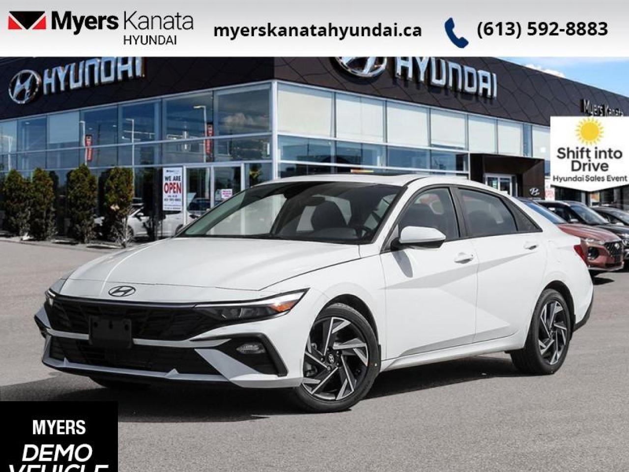 <b>Remote Start,  Heated Steering Wheel,  Blind Spot Detection,  Heated Seats,  Lane Keep Assist!</b><br> <br> <br> <br>  This forward thinking Elantra is bringing back the family sedan segment with stunning style. <br> <br>This 2025 Elantra was made to be the sharpest compact sedan on the road. With tons of technology packed into the spacious and comfortable interior, along with bold and edgy styling inside and out, this family sedan makes the unexpected your daily driver. <br> <br> This atlas wht sedan  has an automatic transmission and is powered by a  147HP 2.0L 4 Cylinder Engine.<br> <br> Our Elantras trim level is Preferred IVT w/Tech Pkg. This trim rewards you with a sunroof, dual-zone climate control, remote engine start, front heated seats with a heated steering wheel, remote keyless entry, aluminum-alloy wheels, and an upgraded 10.25-inch display with inbuilt navigation, Apple CarPlay and Android Auto. Safety features also include blind spot detection, lane keeping assist with lane departure warning, front and rear collision mitigation, and forward collision avoidance with pedestrian detection. This vehicle has been upgraded with the following features: Remote Start,  Heated Steering Wheel,  Blind Spot Detection,  Heated Seats,  Lane Keep Assist,  Collision Mitigation,  Apple Carplay.  This is a demonstrator vehicle driven by a member of our staff, so we can offer a great deal on it.<br><br> <br>To apply right now for financing use this link : <a href=https://www.myerskanatahyundai.com/finance/ target=_blank>https://www.myerskanatahyundai.com/finance/</a><br><br> <br/>    This vehicle may qualify for $500 Military Program Bonus. Eligible customers may qualify for the Hyundai 0.50% Loyalty Finance Rate Reduction - certain restrictions may apply. 6.29% financing for 96 months. <br> Buy this vehicle now for the lowest weekly payment of <b>$103.86</b> with $0 down for 96 months @ 6.29% APR O.A.C. ( Plus applicable taxes -  $2596 and licensing fees    ).  Incentives expire 2025-07-31.  See dealer for details. <br> <br>This vehicle is located at Myers Kanata Hyundai 400-2500 Palladium Dr Kanata, Ontario. <br><br> Come by and check out our fleet of 30+ used cars and trucks and 70+ new cars and trucks for sale in Kanata.  o~o