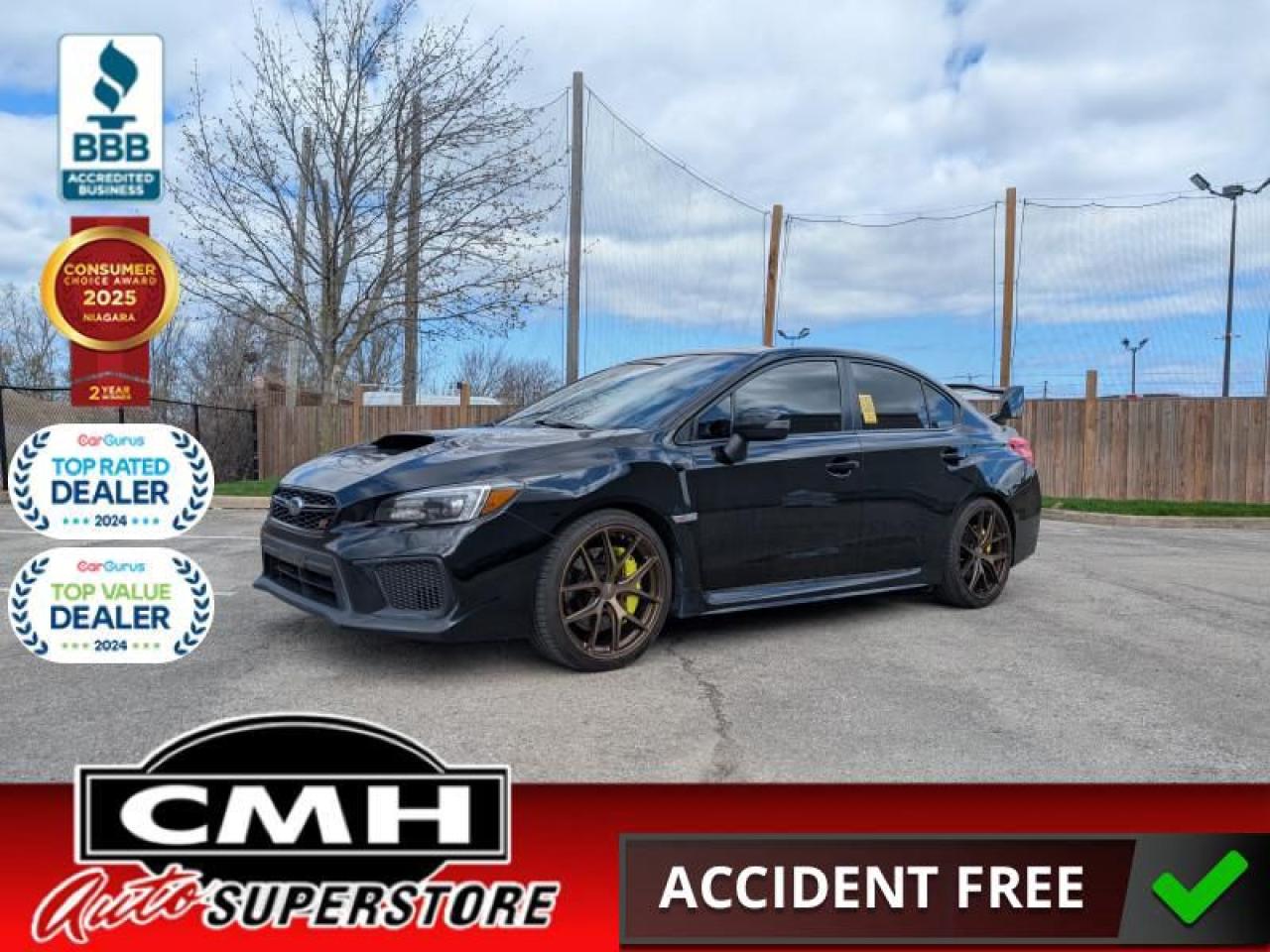 <b>ALL WHEEL DRIVE !! MANUAL TRANSMISSION !! NAVIGATION, REAR CAMERA, CROSS TRAFFIC ALERT, BLIND SPOT, BENDING LIGHTS, BLUETOOTH, STEERING WHEEL CONTROLS, SUNROOF, RECARO SEATS, HEATED SEATS, DUAL CLIMATE CONTROL, LARGE SPOILER, 19-INCH ALLOYS</b><br>  <br>CMH certifies that all vehicles meet DOUBLE the Ministry standards for Brakes and Tires<br><br> <br>    This  2018 Subaru WRX is for sale today. <br> <br>A performance sedan for the true enthusiast. The Subaru WRX is the latest in a long line of legendary road cars with serious race credentials. This performance car feature refined styling that still manages to deliver a menacing message. Inside, the theme continues with a driver-oriented cockpit that includes a wide range of desirable features that bring added comfort and convenience to your everyday driving experience. This  sedan has 99,000 kms. Its  black in colour  and is completely accident free based on the <a href=https://vhr.carfax.ca/?id=5zVto65+XyVF0Hc0u770bxFQDGllk3vk target=_blank>CARFAX Report</a> . It has a manual transmission and is powered by a  305HP 2.5L 4 Cylinder Engine. <br> <br> Our WRXs trim level is STI. This 2018 Subaru WRX STI, gives you the latest information and entertainment thanks to its 6.2-inch high-resolution touchscreen, STARLINK smartphone integration with Bluetooth connectivity and SiriusXM. This model also features a manually adjustable drivers seat with heated front ultrasuede and leather seats plus it comes with aluminum alloy sport pedals, leather-wrapped steering wheel with red stitching, power windows and much more. This vehicle has been upgraded with the following features: Aluminum Wheels,  Heated Seats,  Starlink,  Wireless Streaming Audio,  Touchscreen,  Rear View Camera,  Siriusxm. <br> <br>To apply right now for financing use this link : <a href=https://www.cmhniagara.com/financing/ target=_blank>https://www.cmhniagara.com/financing/</a><br><br> <br/><br>Trade-ins are welcome! Financing available OAC ! Price INCLUDES a valid safety certificate! Price INCLUDES a 60-day limited warranty on all vehicles except classic or vintage cars. CMH is a Full Disclosure dealer with no hidden fees. We are a family-owned and operated business for over 30 years! o~o