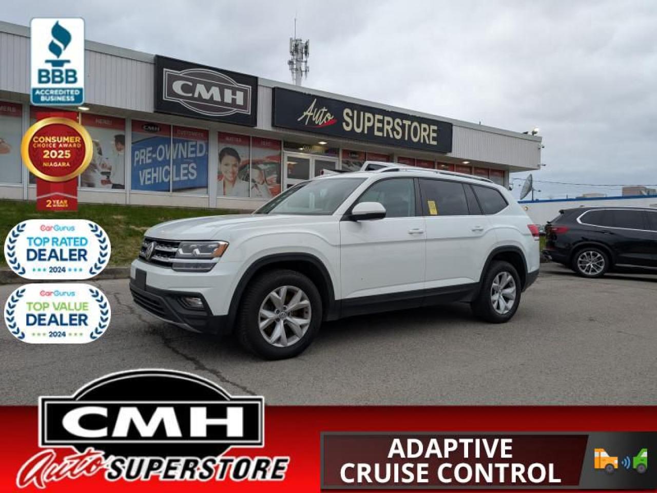 <b>GREAT FEATURES !! AWD !! REAR CAMERA, BLIND SPOT MONITORING, ADAPTIVE CRUISE CONTROL, COLLISION SENSORS, CROSS TRAFFIC ALERT, APPLE CARPLAY, ANDROID AUTO, LEATHER, POWER DRIVER SEAT, HEATED SEATS, HEATED STEERING WHEEL, DUAL CLIMATE CONTROL, REMOTE START</b><br>  <br>CMH certifies that all vehicles meet DOUBLE the Ministry standards for Brakes and Tires<br><br> <br>    This  2018 Volkswagen Atlas is for sale today. <br> <br>Big families need a big SUV. Introducing the Volkswagen Atlas, large enough to handle everything from the daily car pool to a weekend adventure. It comes standard with seven seats and a third row kids will love to sit in. Not to mention enough technology and amenities to help keep everyone happy. Lifes as big as you make it. This  SUV has 162,000 kms. Its  white in colour  and is completely accident free based on the <a href=https://vhr.carfax.ca/?id=4VX+CQQpa+cUvOI6owZIh59Hz9n62r95 target=_blank>CARFAX Report</a> . It has an automatic transmission and is powered by a  276HP 3.6L V6 Cylinder Engine. <br> <br> Our Atlass trim level is Comfortline. Upgrade to the Comfortline for some extra features and comfort. It comes with 7 seats, aluminum wheels, app-connect smartphone integration with Bluetooth, multi-collision braking, blind spot detection, remote start, 3-zone automatic climate control, an 8-inch touchscreen radio with a CD player, an SD card slot, and 8 speaker audio, a rearview camera, and more. This vehicle has been upgraded with the following features: Bluetooth,  Blind Spot Assist,  Remote Start,  Rear View Camera,  Touchscreen,  Aluminum Wheels. <br> <br>To apply right now for financing use this link : <a href=https://www.cmhniagara.com/financing/ target=_blank>https://www.cmhniagara.com/financing/</a><br><br> <br/><br>Trade-ins are welcome! Financing available OAC ! Price INCLUDES a valid safety certificate! Price INCLUDES a 60-day limited warranty on all vehicles except classic or vintage cars. CMH is a Full Disclosure dealer with no hidden fees. We are a family-owned and operated business for over 30 years! o~o