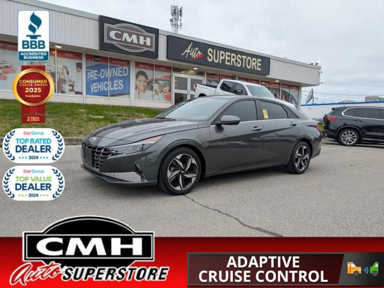 <b>LOADED SEDAN !! NAVIGATION, REAR CAMERA, PARKING SENSORS, LANE ASSIST, ADAPTIVE CRUISE CONTROL, BLIND SPOT, APPLE CARPLAY, ANDROID AUTO, SUNROOF, LEATHER, HEATED SEATS, HEATED STEERING WHEEL, DUAL CLIMATE CONTROL, REMOTE START, 17-INCH ALLOY WHEELS</b><br>  <br>CMH certifies that all vehicles meet DOUBLE the Ministry standards for Brakes and Tires<br><br> <br>    This  2022 Hyundai Elantra is for sale today. <br> <br>This 2022 Elantra was made to be the sharpest compact sedan on the road. With tons of technology packed into the spacious and comfortable interior, along with bold and edgy styling inside and out, this family sedan makes the unexpected your daily driver. This  sedan has 79,914 kms. Its  gray in colour  . It has an automatic transmission and is powered by a  147HP 2.0L 4 Cylinder Engine. <br> <br> Our Elantras trim level is Ultimate Tech. This Ultimate Elantra Tech takes infotainment and luxury to new levels with tech features like navigation, Bose Premium Audio System, Blue Link wi-fi, a parking distance warning, and even more surprises while style and comfort features like cloth and leather seats with red accent stitching, a sunroof, and chrome trim make your cabin a sanctuary. This Elantra is also equipped with an advanced safety suite including lane keep assist, forward and rear collision assist, driver monitoring, blind spot assist, and automatic highbeams. The incredible feature list continues with heated power seats for comfort while voice activated, touch screen infotainment including wireless connectivity with Android Auto, Apple CarPlay, and Bluetooth keeps you connected. Heated power side mirrors, proximity keyless entry with hands free cargo access, and a rear view camera make every day easier. This vehicle has been upgraded with the following features: Leather Seats,  Sunroof,  Navigation,  Premium Audio,  Wi-fi,  Heated Steering Wheel,  Lane Keep Assist. <br> <br>To apply right now for financing use this link : <a href=https://www.cmhniagara.com/financing/ target=_blank>https://www.cmhniagara.com/financing/</a><br><br> <br/><br>Trade-ins are welcome! Financing available OAC ! Price INCLUDES a valid safety certificate! Price INCLUDES a 60-day limited warranty on all vehicles except classic or vintage cars. CMH is a Full Disclosure dealer with no hidden fees. We are a family-owned and operated business for over 30 years! o~o