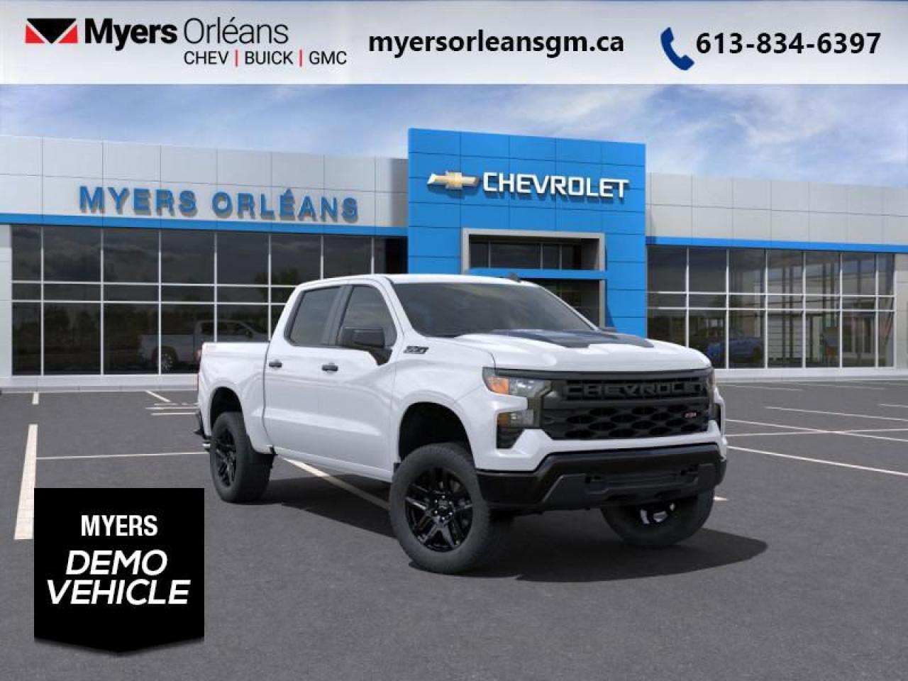 <b>Off-Road Package, Trailering Package, Aluminum Wheels, Remote Start, Automatic Emergency Braking, Lane Keep Assist, Lane Departure Warning, Forward Collision Alert, Apple CarPlay, Android Auto</b><br> <br> <br> <br>For more than 80 years, the Myers Automotive Group has brought exceptional vehicles and world-class service to drivers in the Ottawa area. Myers Orleans Chevrolet Buick GMC is proud to serve Greater Ottawa, and to continue the tradition of excellence that the Myers name is known for. We are your trusted and professional choice since 1942!<br> <br>  Astoundingly advanced and exceedingly premium, this 2025 Chevrolet Silverado 1500 is designed for pickup excellence. <br> <br>This 2025 Chevrolet Silverado 1500 stands out in the midsize pickup truck segment, with bold proportions that create a commanding stance on and off road. Next level comfort and technology is paired with its outstanding performance and capability. Inside, the Silverado 1500 supports you through rough terrain with expertly designed seats and robust suspension. This amazing 2025 Silverado 1500 is ready for whatever.<br> <br> This summit white Crew Cab 4X4 pickup   has an automatic transmission and is powered by a  310HP 2.7L 4 Cylinder Engine.<br> <br> Our Silverado 1500s trim level is Custom Trail. Standard features include off-road equipment including uprated shocks, skid plates and a heavy duty air filter, trailering package, remote start, aluminum wheels, hitch guidance, a power locking EZ lift tailgate, and a 7-inch infotainment display with Apple CarPlay and Android Auto. Safety features also include lane keep assist with lane departure warning, following distance indication, forward collision alert, and automatic emergency braking with front pedestrian braking. This is a demonstrator vehicle driven by a member of our staff, so we can offer a great deal on it.<br><br> <br>To apply right now for financing use this link : <a href=https://www.myersorleansgm.ca/FinancePreQualForm target=_blank>https://www.myersorleansgm.ca/FinancePreQualForm</a><br><br> <br/>    Incentives expire 2025-06-02.  See dealer for details. <br> <br>At Myers Orleans Chevrolet, youll find an impressive inventory of brand-new Chevrolet, Buick, and GMC vehicles. But we dont stop there! We also offer an amazing array of gently-used cars, trucks, and SUVs from Chevrolet, as well as a selection of alternate-brand used vehicles from some of Canadas favourite auto makers. When you choose to shop with Myers, youre not limited to what you can find on our well-appointed lot. Youve got the resources of an entire automotive group at your fingertips! Our friendly, no-pressure sales team will go through your list of must-haves, and will match you with the vehicle from Myers that checks off all the right boxes.<br> Come by and check out our fleet of 80+ used cars and trucks and 140+ new cars and trucks for sale in Orleans.  o~o