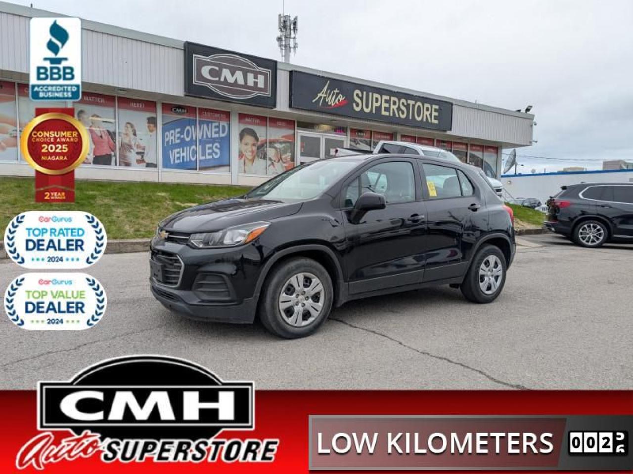 <b>ONLY 95,000 KMS !! REAR CAMERA, APPLE CARPLAY, ANDROID AUTO, BLUETOOTH, TOUCH DISPLAY SCREEN, AUXILIARY PORT, USB PORT, POWER WINDOWS, POWER LOCKS, POWER MIRRORS, AIR CONDITIONING, 16-INCH STEEL WHEELS W/PLASTIC COVERS</b><br>  <br>CMH certifies that all vehicles meet DOUBLE the Ministry standards for Brakes and Tires<br><br> <br>    This  2017 Chevrolet Trax is for sale today. <br> <br>The redesigned 2017 Chevrolet Trax is made for the city and moulded for your lifestyle. From its athletic design to its advanced safety technologies, every detail is an invitation to explore your city and uncover all of its hidden gems. The sophisticated front dual-cockpit design makes important functions easily accessible to both the driver and passenger, while its expansive view of the road makes driving this super stylish SUV an exciting advernture. This  SUV has 94,010 kms. Its  black in colour  . It has an automatic transmission and is powered by a  138HP 1.4L 4 Cylinder Engine. <br> <br> Our Traxs trim level is LS. The 2017 Trax LS comes with a 7 inch colour touch screen display, bluetooth connectivity, durable cloth seats and driver power lumbar, a 6 speaker audio system with a UBS plugin, steering wheel mounted audio controls, Stabilitrak, 10 standard air bags, a rear vision camera plus power windows, power lock and keyless remote entry. This vehicle has been upgraded with the following features: Bluetooth,  Rear View Camera,  Steering Wheel Audio Control,  Air Conditioning,  Power Windows. <br> <br>To apply right now for financing use this link : <a href=https://www.cmhniagara.com/financing/ target=_blank>https://www.cmhniagara.com/financing/</a><br><br> <br/><br>Trade-ins are welcome! Financing available OAC ! Price INCLUDES a valid safety certificate! Price INCLUDES a 60-day limited warranty on all vehicles except classic or vintage cars. CMH is a Full Disclosure dealer with no hidden fees. We are a family-owned and operated business for over 30 years! o~o