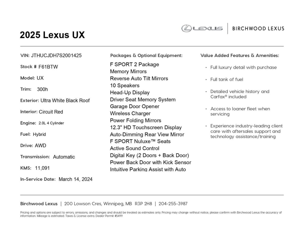 Used 2025 Lexus UX 300h F Sport 2 | Accident Free | Local for sale in Winnipeg, MB
