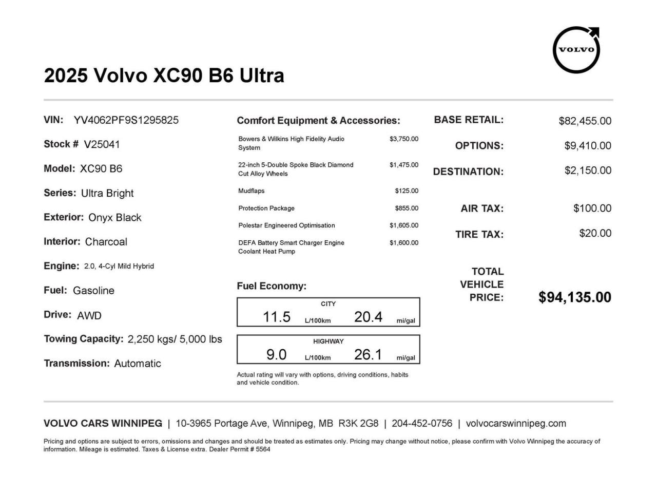 New 2025 Volvo XC90 Ultra Bright Theme As Low As 2.49% Available! for sale in Winnipeg, MB