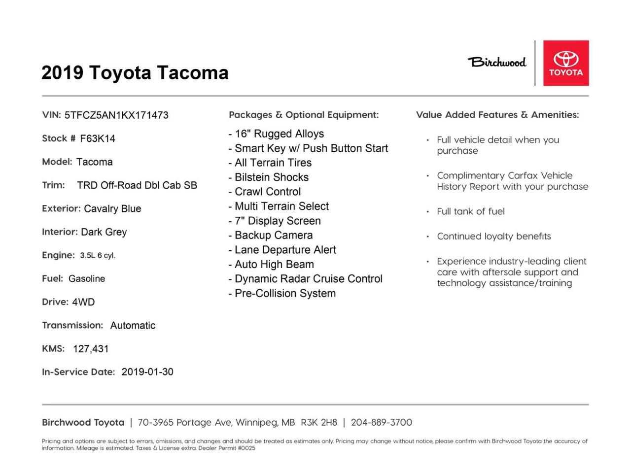 Used 2019 Toyota Tacoma TRD Off Road No Accidents | Crawl Control for sale in Winnipeg, MB