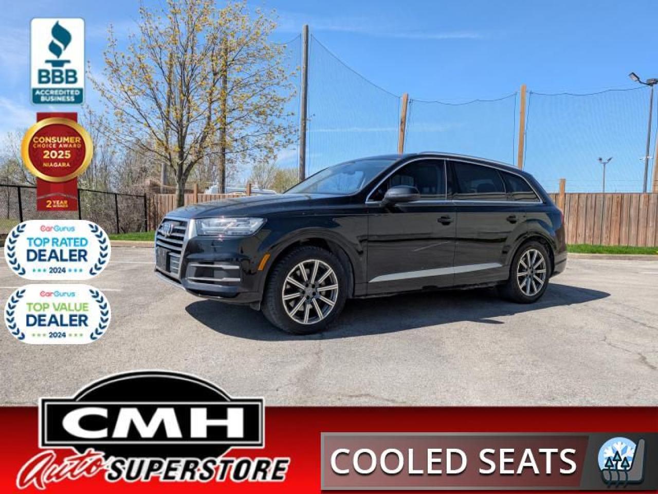 <b>LOADED !! QUATTRO !! NAVIGATION, 360 CAMERA W/PARK SENSORS, AUDI PRE SENSE, BLIND SPOT, RAIN SENSING WIPERS, APPLE CARPLAY, PANORAMIC SUNROOF, LEATHER, POWER SEATS W/DRIVER MEMORY, COOLED/HEATED SEATS, HEATED STEERING WHEEL, POWER LIFTGATE<br> <br></b><br>  <br>CMH certifies that all vehicles meet DOUBLE the Ministry standards for Brakes and Tires<br><br> <br>    This  2018 Audi Q7 is for sale today. <br> <br>When designing this Q7 three-row crossover, Audi set out to craft a vehicle that not only has available advanced technologies and luxuries that make for a near perfect sanctuary but is also thoughtfully shaped to transcend trends and remain timeless. The result is a roomy, comfortable, luxurious SUV with a measure of performance that sets it apart from the crowd. This  SUV has 160,871 kms. Its  black in colour  and is completely accident free based on the <a href=https://vhr.carfax.ca/?id=7RRCNKmJeaZq3LczbawgZqA+rNTderMX target=_blank>CARFAX Report</a> . It has an automatic transmission and is powered by a  333HP 3.0L V6 Cylinder Engine. <br> <br> Our Q7s trim level is 3.0 TFSI quattro Technik. This range-topping Audi Q7 Technik delivers everything you could want in a luxury SUV. It comes with navigation, Bluetooth, SiriusXM, 19-speaker premium audio, leather seats which are heated and cooled in front, dual-zone front and rear automatic climate control, a 360-degree camera, blind spot assist, a heated, leather-wrapped steering wheel, a power liftgate, a power sunroof, and more. This vehicle has been upgraded with the following features: Sunroof,  Navigation,  Leather Seats,  Cooled Seats,  Premium Sound Package,  Bluetooth,  Rear View Camera. <br> <br>To apply right now for financing use this link : <a href=https://www.cmhniagara.com/financing/ target=_blank>https://www.cmhniagara.com/financing/</a><br><br> <br/><br>Trade-ins are welcome! Financing available OAC ! Price INCLUDES a valid safety certificate! Price INCLUDES a 60-day limited warranty on all vehicles except classic or vintage cars. CMH is a Full Disclosure dealer with no hidden fees. We are a family-owned and operated business for over 30 years! o~o