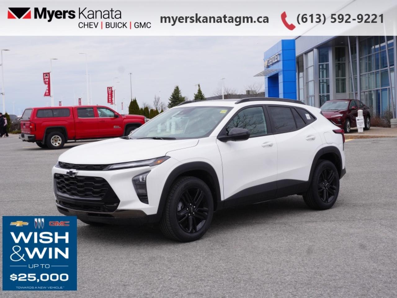 <b>Sunroof!</b><br> <br> <br> <br>At Myers, we believe in giving our customers the power of choice. When you choose to shop with a Myers Auto Group dealership, you dont just have access to one inventory, youve got the purchasing power of an entire auto group behind you!<br> <br>  This 2025 Chevy Trax is an exceptionally brilliant crossover, with even more standard features and tech than its competitors. <br> <br>The ever-popular Chevy Trax sports exciting looks with even more interior space and enhanced safety features. Compact proportions with an efficient powertrain make this crossover the ideal urban companion. Step this way to experience what prime urban commuting is with this 2025 Trax.<br> <br> This summit white SUV  has an automatic transmission and is powered by a  137HP 1.2L 3 Cylinder Engine.<br> <br> Our Traxs trim level is ACTIV. This Trax ACTIVE rewards you with Evotex synthetic leather seating upholstery, and features the Driver Confidence Package with rear cross traffic alert, blind spot detection and adaptive cruise control, with the LS Convenience Package, that includes a heated steering wheel, heated side mirrors and remote engine start, along with great standard features such as heated front seats, cruise control, 60/40 split-folding rear seats, air conditioning, and an upgraded 11-inch infotainment screen with wireless Apple CarPlay and Android Auto, wi-fi hotspot capability, active noise cancellation, and SiriusXM streaming radio. Safety features also include front pedestrian braking, forward collision alert, lane keeping assist with lane departure warning, IntelliBeam, and a rearview camera. This vehicle has been upgraded with the following features: Sunroof. <br><br> <br>To apply right now for financing use this link : <a href=https://www.myerskanatagm.ca/finance/ target=_blank>https://www.myerskanatagm.ca/finance/</a><br><br> <br/> Total  rebate of $2000 is reflected in the price.  <br> Buy this vehicle now for the lowest bi-weekly payment of <b>$214.65</b> with $0 down for 96 months @ 8.99% APR O.A.C. ( Plus applicable taxes -  **Rebates may not be applicable on all purchase types [cash, lease, or finance]. Eligibility and conditions may vary. Please see dealer for full details and confirmation of eligibility.   ).  Incentives expire 2026-01-02.  See dealer for details. <br> <br>Myers Kanata Chevrolet Buick GMC Inc is a great place to find quality used cars, trucks and SUVs. We also feature over a selection of over 50 used vehicles along with 30 certified pre-owned vehicles. Our Ottawa Chevrolet, Buick and GMC dealership is confident that youll be able to find your next used vehicle at Myers Kanata Chevrolet Buick GMC Inc. You will always find our inventory updated with the latest models. Our team believes in giving nothing but the best to our customers. Visit our Ottawa GMC, Chevrolet, and Buick dealership and get all the information you need today!<br> Come by and check out our fleet of 40+ used cars and trucks and 280+ new cars and trucks for sale in Kanata.  o~o