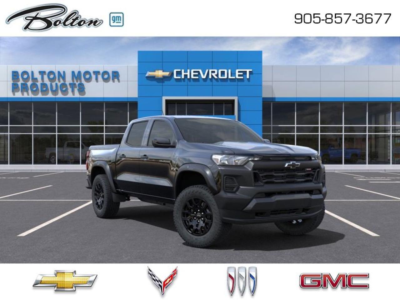 <b>Off-Road Suspension,  Aluminum Wheels,  Apple CarPlay,  Android Auto,  Proximity Key!</b><br> <br> <br> <br>    <br> <br>With robust powertrain options and an incredibly refined interior, this Chevrolet Colorado is simply unstoppable. Boasting a raft of features for supreme off-roading prowess, this truck will take you over all terrain and back, without breaking a sweat. This 2025 Colorado is a great embodiment of versatility, capability and great value.<br> <br> This black Crew Cab 4X4 pickup   has an automatic transmission and is powered by a  310HP 2.7L 4 Cylinder Engine.<br> <br> Our Colorados trim level is Trail Boss. Tackle the great outdoors in this Colorado Trail Boss, with upgraded all-terrain aluminum wheels, hill descent control, a locking rear differential and off-roading suspension with switchable drive modes, along with push button start and daytime running lights, along with great standard features such as a vivid 11.3-inch diagonal infotainment screen with Apple CarPlay and Android Auto, remote keyless entry, air conditioning, and a 6-speaker audio system. Safety features include automatic emergency braking, front pedestrian braking, lane keeping assist with lane departure warning, Teen Driver, and forward collision alert with IntelliBeam high beam assist. This vehicle has been upgraded with the following features: Off-road Suspension,  Aluminum Wheels,  Apple Carplay,  Android Auto,  Proximity Key,  Lane Keep Assist,  Lane Departure Warning. <br><br> <br>To apply right now for financing use this link : <a href=http://www.boltongm.ca/?https://CreditOnline.dealertrack.ca/Web/Default.aspx?Token=44d8010f-7908-4762-ad47-0d0b7de44fa8&Lang=en target=_blank>http://www.boltongm.ca/?https://CreditOnline.dealertrack.ca/Web/Default.aspx?Token=44d8010f-7908-4762-ad47-0d0b7de44fa8&Lang=en</a><br><br> <br/><br>At Bolton Motor Products, we offer new Chevrolet, Cadillac, Buick, GMC cars and trucks in Bolton, along with used cars, trucks and SUVs by top manufacturers. Our sales staff will help you find that new or used car you have been searching for in the Bolton, Brampton, Nobleton, Kleinburg, Vaughan, & Maple area. o~o