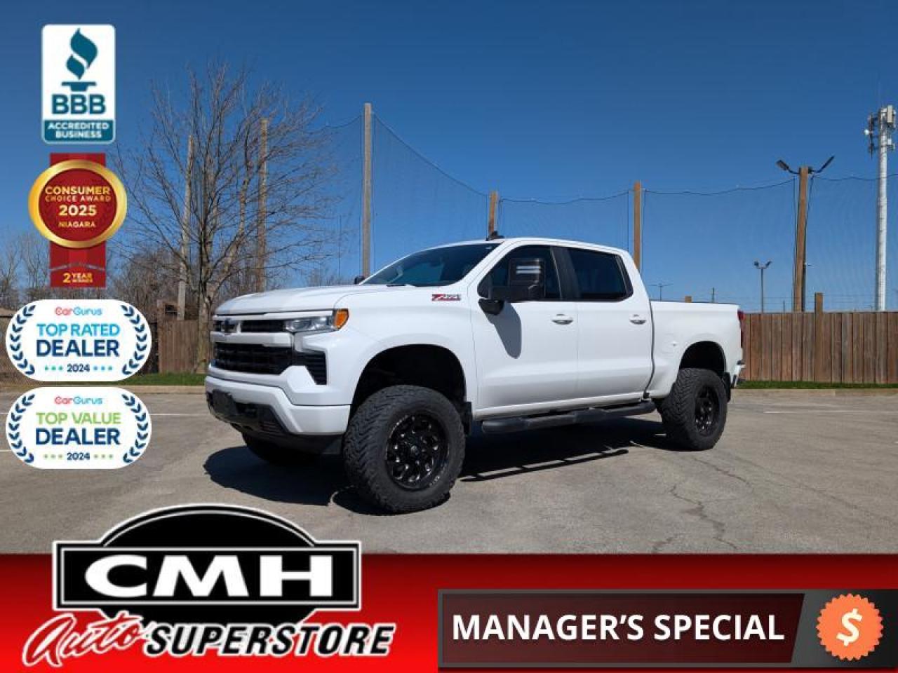 <b>TONS OF EYEBALL !! 4-INCH LIFT KIT !! REAR CAMERA, LANE ASSIST, COLLISION SENSORS, APPLE CARPLAY, ANDROID AUTO, WIRELESS PHONE CHARGER, TRAILER BRAKE CONTROLLER, HEATED SEATS, HEATED STEERING WHEEL, BOSE AUDIO, PREMIUM TIRES, 20-IN PREMIUM ALLOYS<br></b><br>  <br>CMH certifies that all vehicles meet DOUBLE the Ministry standards for Brakes and Tires<br><br> <br>    This  2022 Chevrolet Silverado 1500 is for sale today. <br> <br>Redesigned in 2022 this Chevy Silverado 1500 is functional and ergonomic, suited for the work-site or family life. Bold styling throughout gives it amazing curb appeal and a dominating stance on the road, while the its smartly designed interior keeps every passenger in superb comfort and connectivity on any trip. With brawn, brains and reliability, this muscular pickup was built by truck people, for truck people, and comes from the family of the most dependable, longest-lasting full-size pickups on the road. This  sought after diesel Crew Cab 4X4 pickup  has 96,756 kms. Its  white in colour  and is completely accident free based on the <a href=https://vhr.carfax.ca/?id=aEmF4YO2jitPOiZkprUTr895Byu2oOUG target=_blank>CARFAX Report</a> . It has an automatic transmission and is powered by a  277HP 3.0L Straight 6 Cylinder Engine. <br> <br> Our Silverado 1500s trim level is RST. This 1500 RST comes with Silverardos legendary capability and was made to be a stylish daily pickup truck that has the perfect amount of essential equipment. This incredible truck comes loaded with blacked out exterior accents, body colored bumpers, Chevrolets Premium Infotainment 3 system thats paired with a larger touchscreen display, wireless Apple CarPlay and Android Auto, 4G LTE hotspot and SiriusXM. Additional features include LED front fog lights, remote engine start, an EZ Lift tailgate, unique aluminum wheels, a power driver seat, forward collision warning with automatic braking, intellibeam headlights, dual-zone climate control, lane keep assist, Teen Driver technology, a trailer hitch and a HD rear view camera. This vehicle has been upgraded with the following features: Fog Lights,  Aluminum Wheels,  Remote Start,  Ez Lift Tailgate,  Forward Collision Alert,  Lane Keep Assist,  Android Auto. <br> <br>To apply right now for financing use this link : <a href=https://www.cmhniagara.com/financing/ target=_blank>https://www.cmhniagara.com/financing/</a><br><br> <br/><br>Trade-ins are welcome! Financing available OAC ! Price INCLUDES a valid safety certificate! Price INCLUDES a 60-day limited warranty on all vehicles except classic or vintage cars. CMH is a Full Disclosure dealer with no hidden fees. We are a family-owned and operated business for over 30 years! o~o