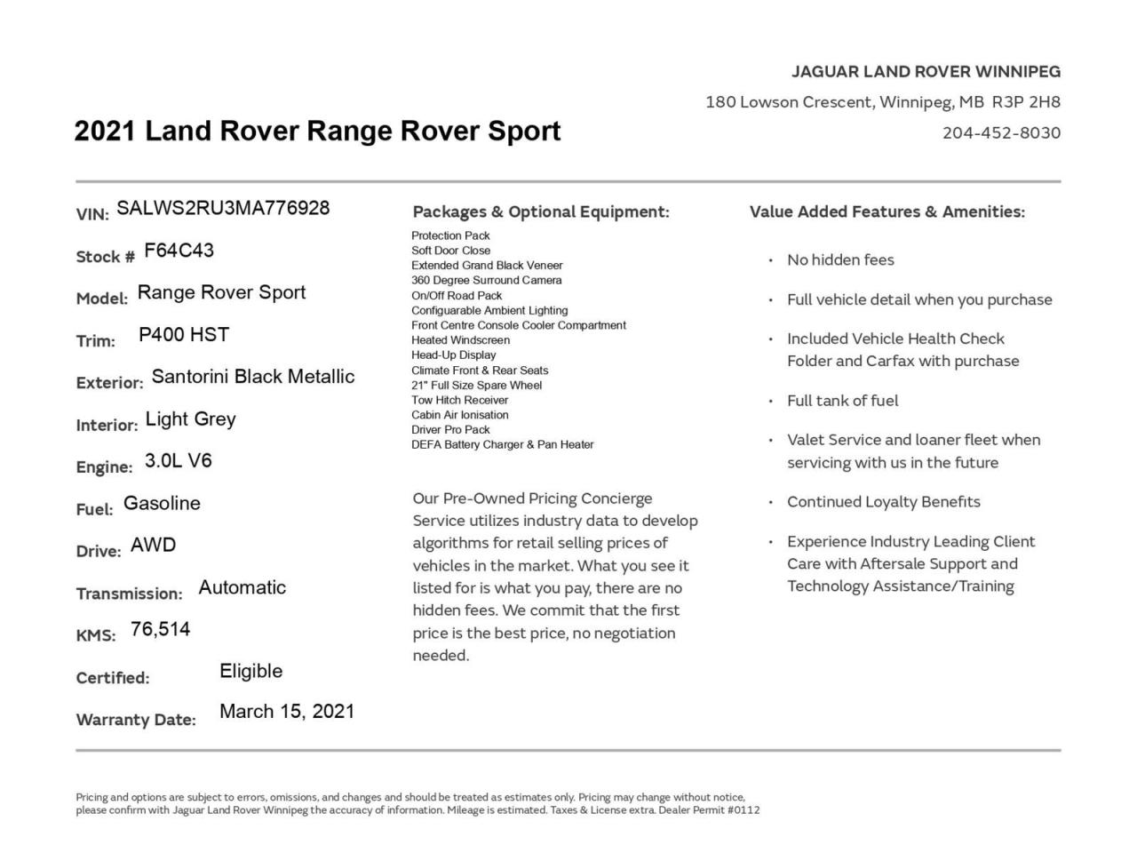 Used 2021 Land Rover Range Rover Sport P400 HST | No Accidents | Pano for sale in Winnipeg, MB