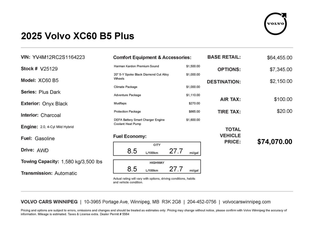 New 2025 Volvo XC60 Plus Dark Theme for sale in Winnipeg, MB