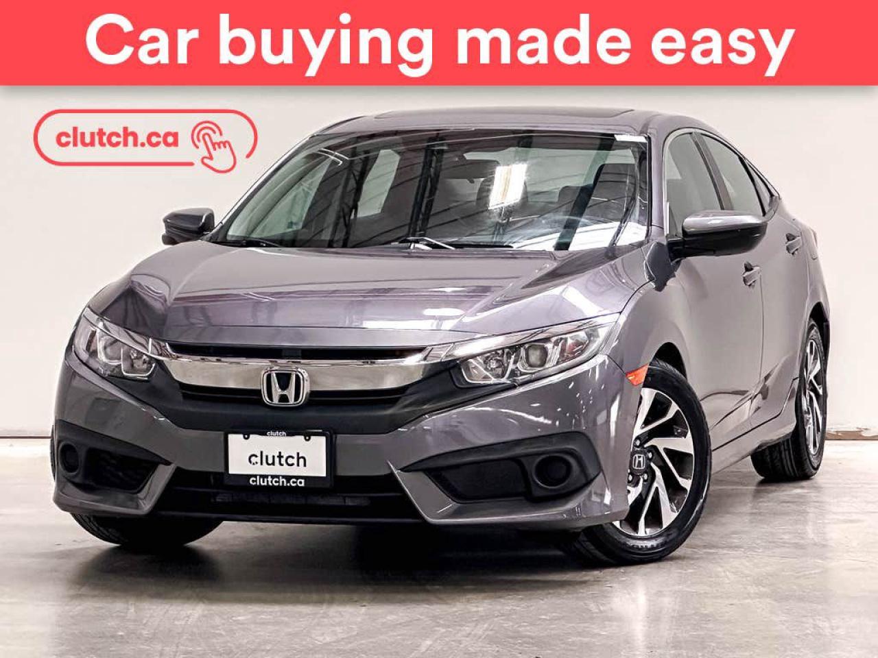 Climate Control, Dual Zone Front Climate Control, Bluetooth Music and more!<br> <br>Clutch is the largest online used car retailer in Canada, delivering a seamless, hassle-free car-buying experience to drivers everywhere. Shop hundreds of used cars online, get the right one delivered to your door, and enjoy peace of mind with our optional 10-Day Money-Back Guarantee. How sweet is that? To learn more, visit clutch.ca.<br> <br>The top features for this 2017 Honda Civic include:<br> <br>Front Heated Seats<br>Climate Control<br>Dual Zone Front Climate Control<br>Bluetooth Music<br>Touchscreen Display<br>Cruise Control<br>Adaptive Cruise Control<br>12V Outlet<br>Apple CarPlay<br>Android Auto<br>USB Input<br>Push Button Start<br>Remote Start<br>Lane Departure Warning<br>Active Lane Keep Assistance<br>Sunroof<br>Rear View Camera<br> <br>Seamless home delivery - Delivery anywhere in Nova Scotia, anywhere on PEI, and East of Fredericton, New Brunswick. Available on select packages.<br> <br>Try it out for 10 days - If you do not like it, we will take it back. Available on select packages.<br> <br>Quality assured - Rigorous 210-point inspection and reconditioning process.<br> <br>Peace of mind - Optional 3-month Standard Warranty, with additional warranty options available. Plus, every Clutch car comes with a 2-year MVI.<br> <br>Haggle-free - No haggling or hard sells.<br> <br>100% Transparency - Full inspection reports on every car, including high-res photography and a free Carfax report.<br> <br>Listed price is for cash purchase only and does not include taxes, Shipping Fees (if applicable), Delivery Fees (if applicable), government licensing fees. 10-day Money Back Guarantee, 3-month Standard Warranty, and home delivery are available with select packages.<br> <br>Previous Provincial Registrations:<br>Ontario<br> <br>Stock # 49412