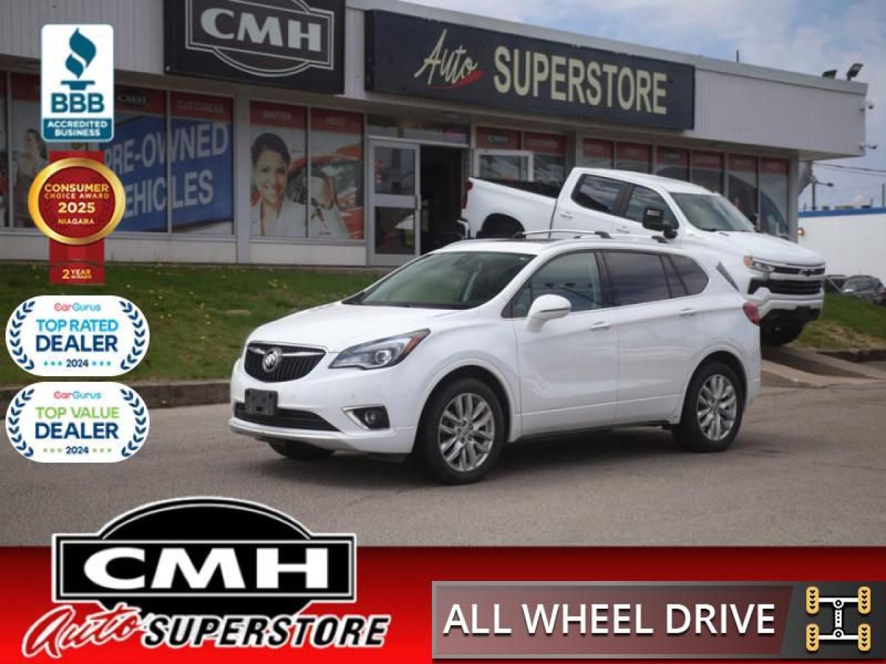 <b>LOW MILEAGE !! NAVIGATION, REAR CAMERA, PARKING SENSORS, BLIND SPOT, COLLISION SENSORS, LANE ASSIST, APPLE CARPLAY, ANDROID AUTO, PANORMAIC SUNROOF, LEATHER, POWER HEATED SEATS, HEATED STEERING WHEEL, POWER LIFTGATE, REMOTE START, BOSE PREMIUM AUDIO</b><br>  <br>CMH certifies that all vehicles meet DOUBLE the Ministry standards for Brakes and Tires<br><br> <br>    This  2019 Buick Envision is for sale today. <br> <br>Your sense of luxury has been set in motion with this 2019 Buick Envision. Responsive performance, intelligent innovations, and a thoughtfully crafted interior ensure that this Envision is a joy to drive, and a joy to share. For the next step in luxury crossovers, look no further than this 2019 Buick Envision. This  SUV has 79,366 kms. Its  white in colour  and is completely accident free based on the <a href=https://vhr.carfax.ca/?id=8geYGLRwcR1rYZ8H4WRSisI55VoM1F6S target=_blank>CARFAX Report</a> . It has an automatic transmission and is powered by a  252HP 2.0L 4 Cylinder Engine. <br> <br> Our Envisions trim level is Premium. This Premium Envision is loaded with a lot of awesome goodies like lane keep assist with lane departure warning, following distance indicator, forward collision alert, front and rear parking assistance, vibrating safety alert seat, Bose premium sound system, automatic rain sensing wipers, dual exhaust outlet, electronic locking rear differential, LED headlamps, and a 110V outlet. This SUV also has leather seats, memory driver seat, blind spot monitoring with lane change alert, customizable Driver Information Centre, remote start, hands free power liftgate, 4G WiFi, heated steering wheel, heated seats, active noise cancellation, Buick Connected Access with OnStar capability, hands free keyless open, leather steering wheel with audio and cruise controls, ambient interior lighting, one touch flat folding rear seat, Teen Driver technology, 8 inch touchscreen, Apple CarPlay, Android Auto, Bluetooth, and SiriusXM.<br> <br>To apply right now for financing use this link : <a href=https://www.cmhniagara.com/financing/ target=_blank>https://www.cmhniagara.com/financing/</a><br><br> <br/><br>Trade-ins are welcome! Financing available OAC ! Price INCLUDES a valid safety certificate! Price INCLUDES a 60-day limited warranty on all vehicles except classic or vintage cars. CMH is a Full Disclosure dealer with no hidden fees. We are a family-owned and operated business for over 30 years! o~o